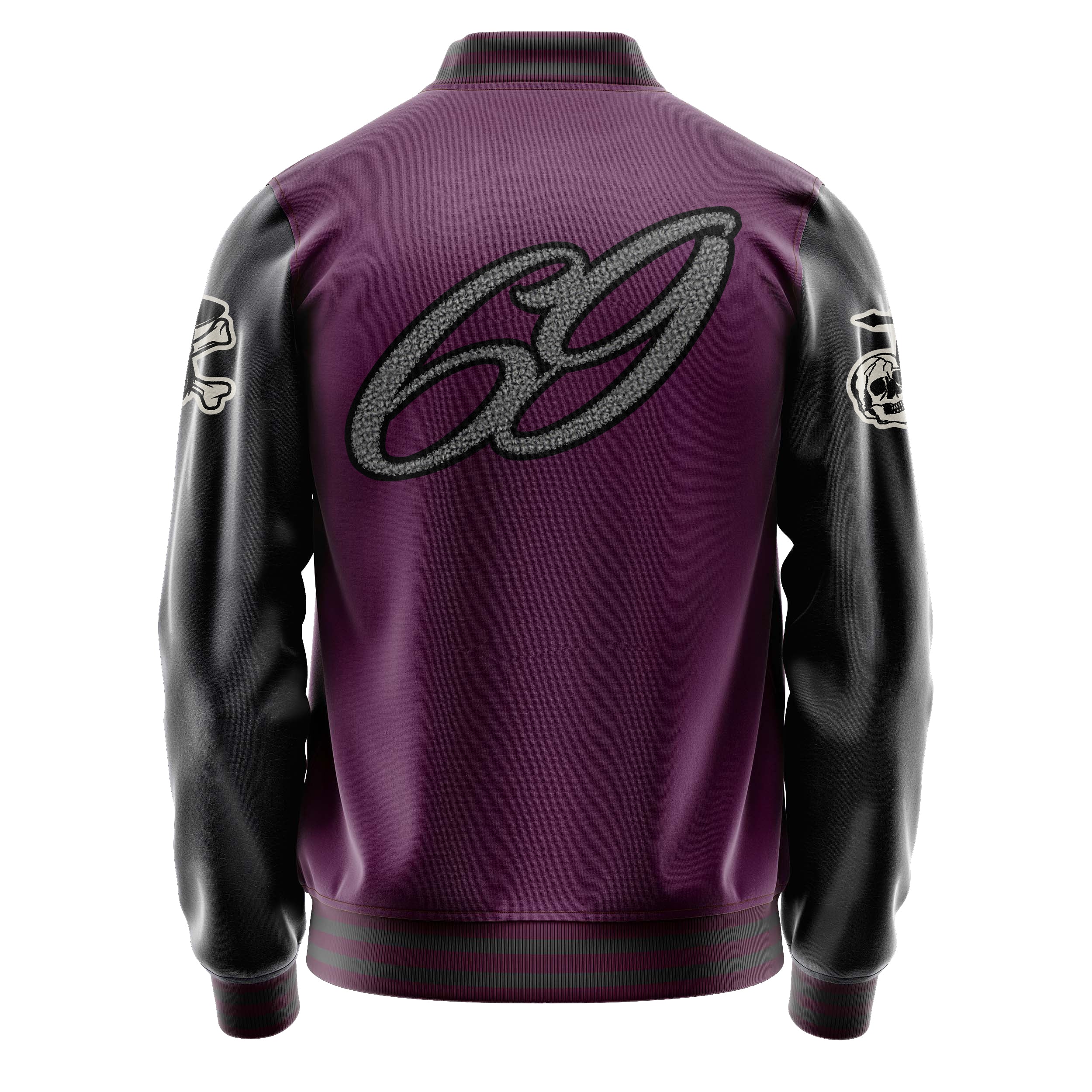 Custom Purple Varsity Jacket Patches Dark Gray Leather Sleeves - Skull& Cross