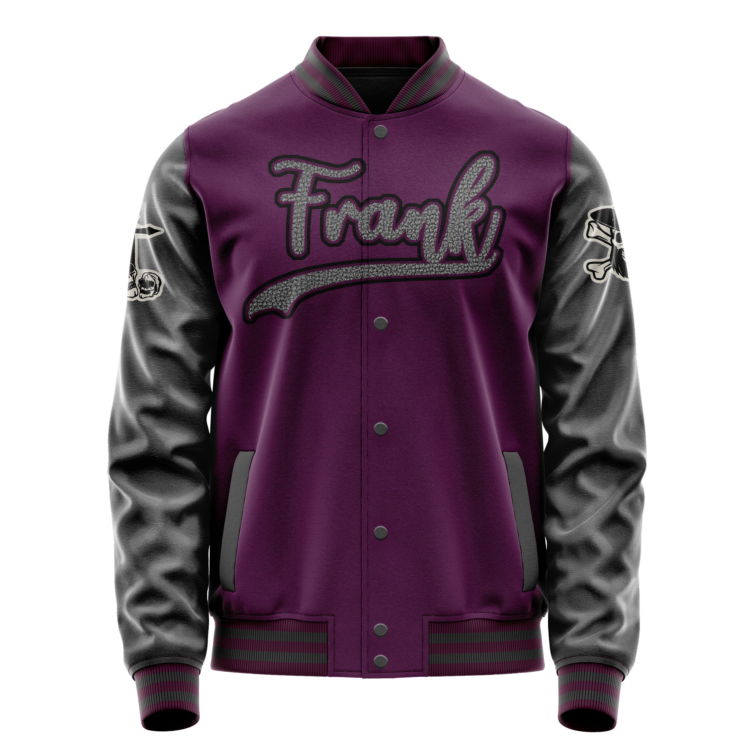 Custom Purple Varsity Jacket Patches Dark Gray Leather Sleeves - Skull& Cross