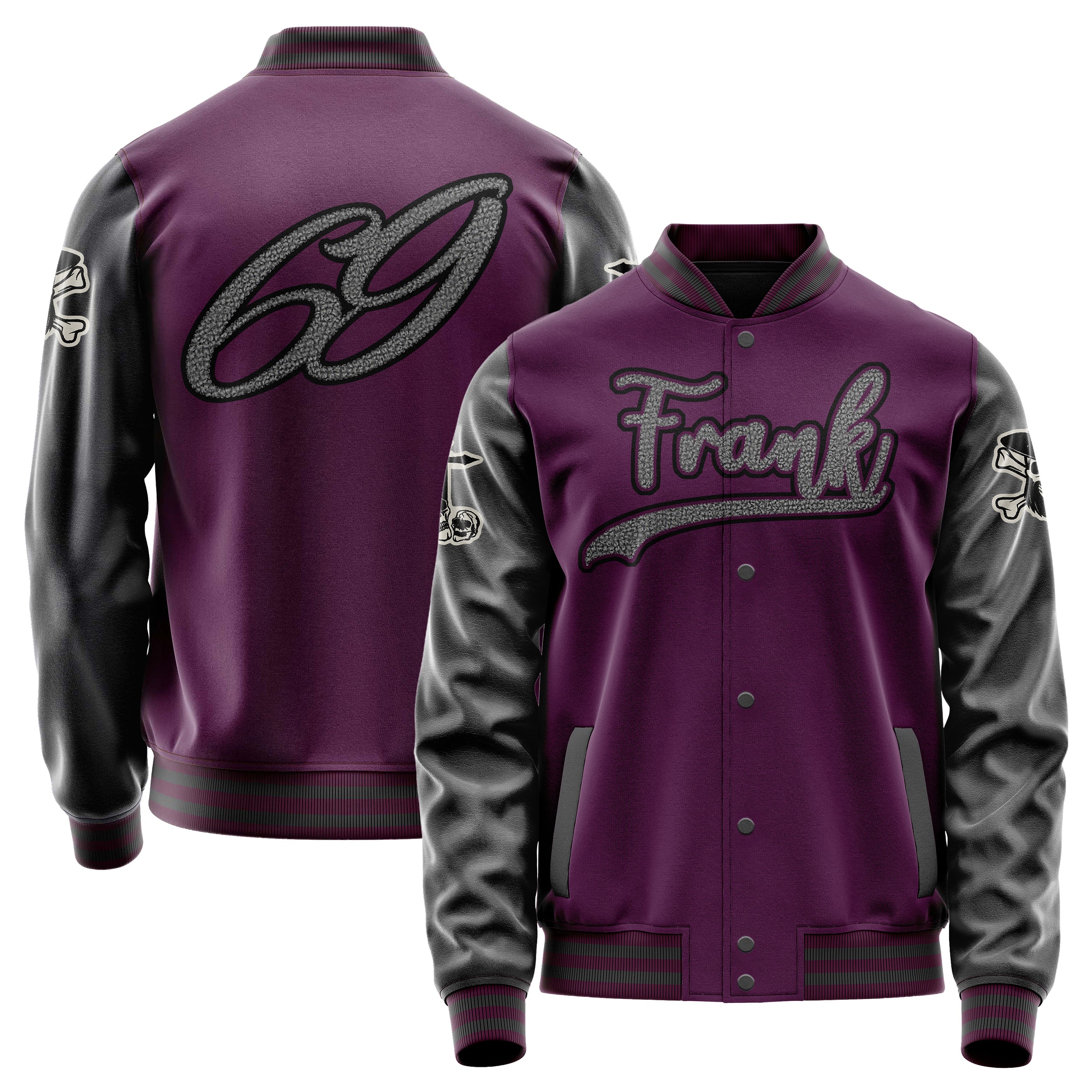 Custom Purple Varsity Jacket Patches Dark Gray Leather Sleeves - Skull& Cross