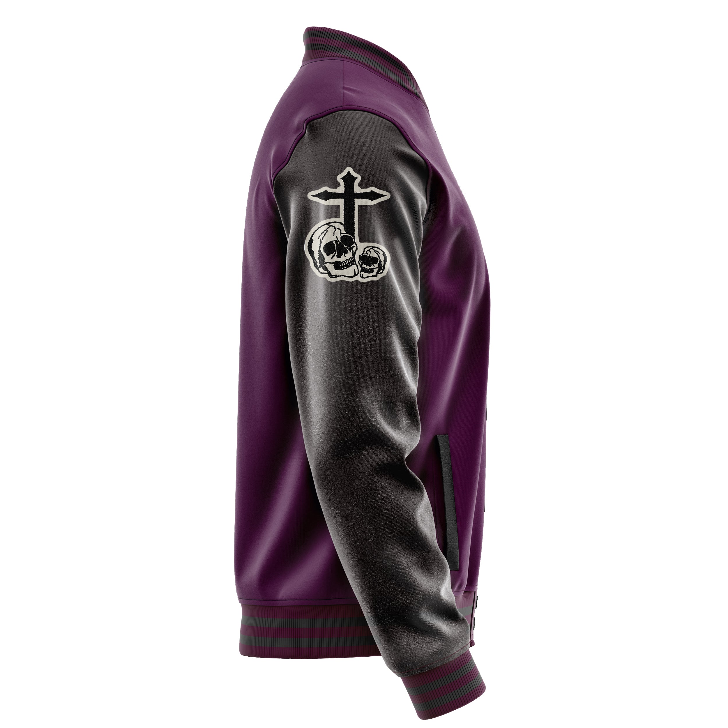 Custom Purple Varsity Jacket Patches Dark Gray Leather Sleeves - Skull& Cross