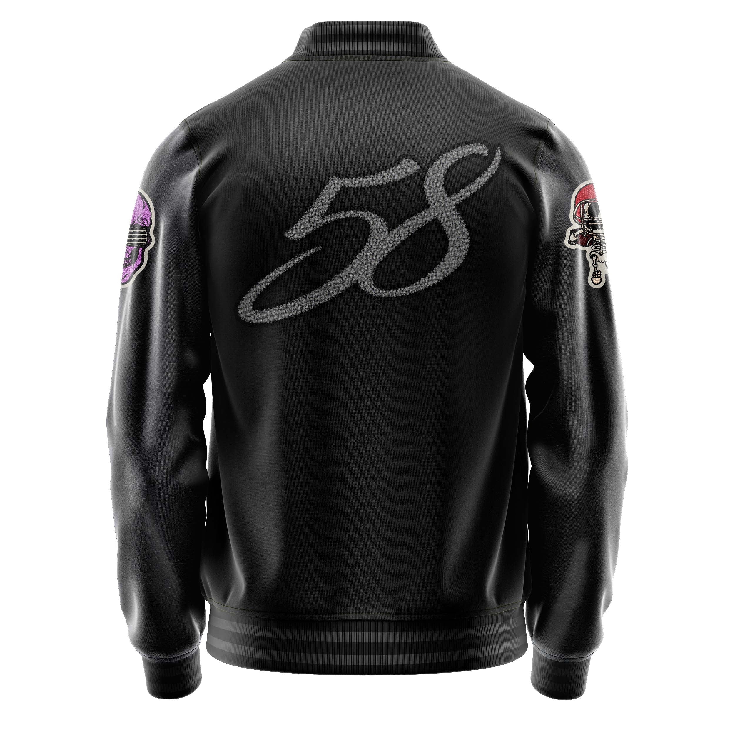 Custom Black Varsity Jacket Patches Dark Gray Leather Sleeves - Skull