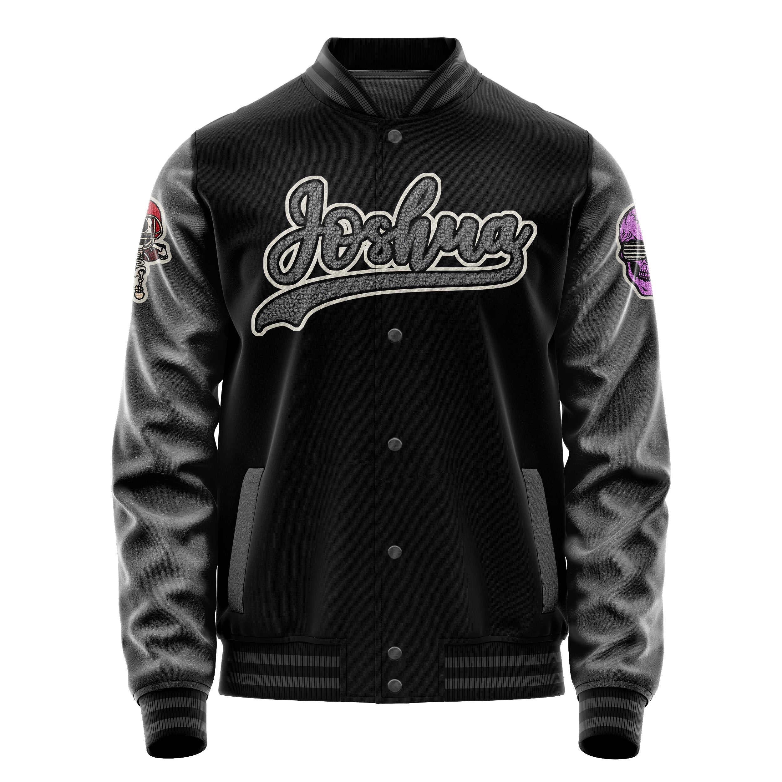 Custom Black Varsity Jacket Patches Dark Gray Leather Sleeves - Skull