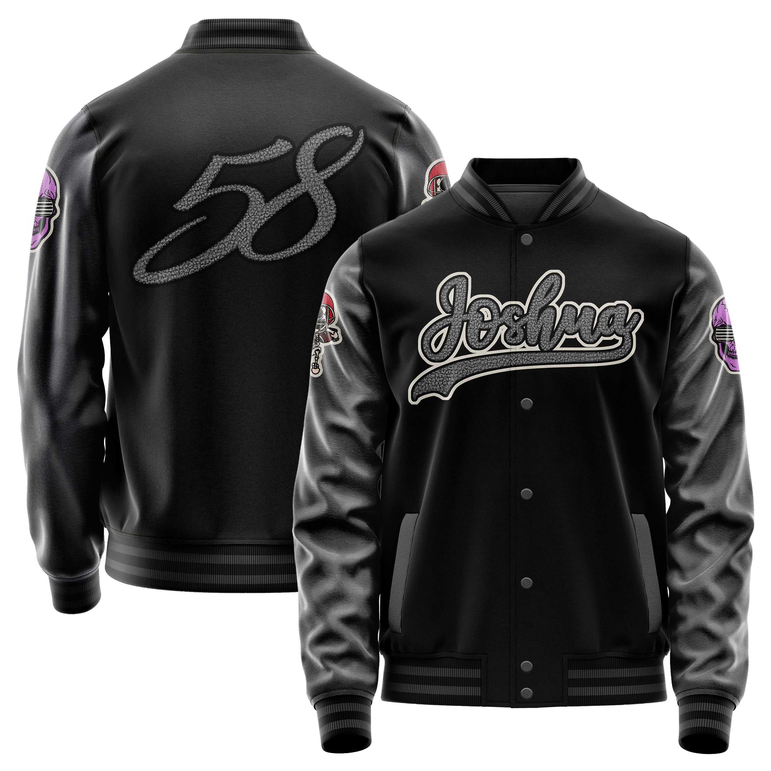 Custom Black Varsity Jacket Patches Dark Gray Leather Sleeves - Skull