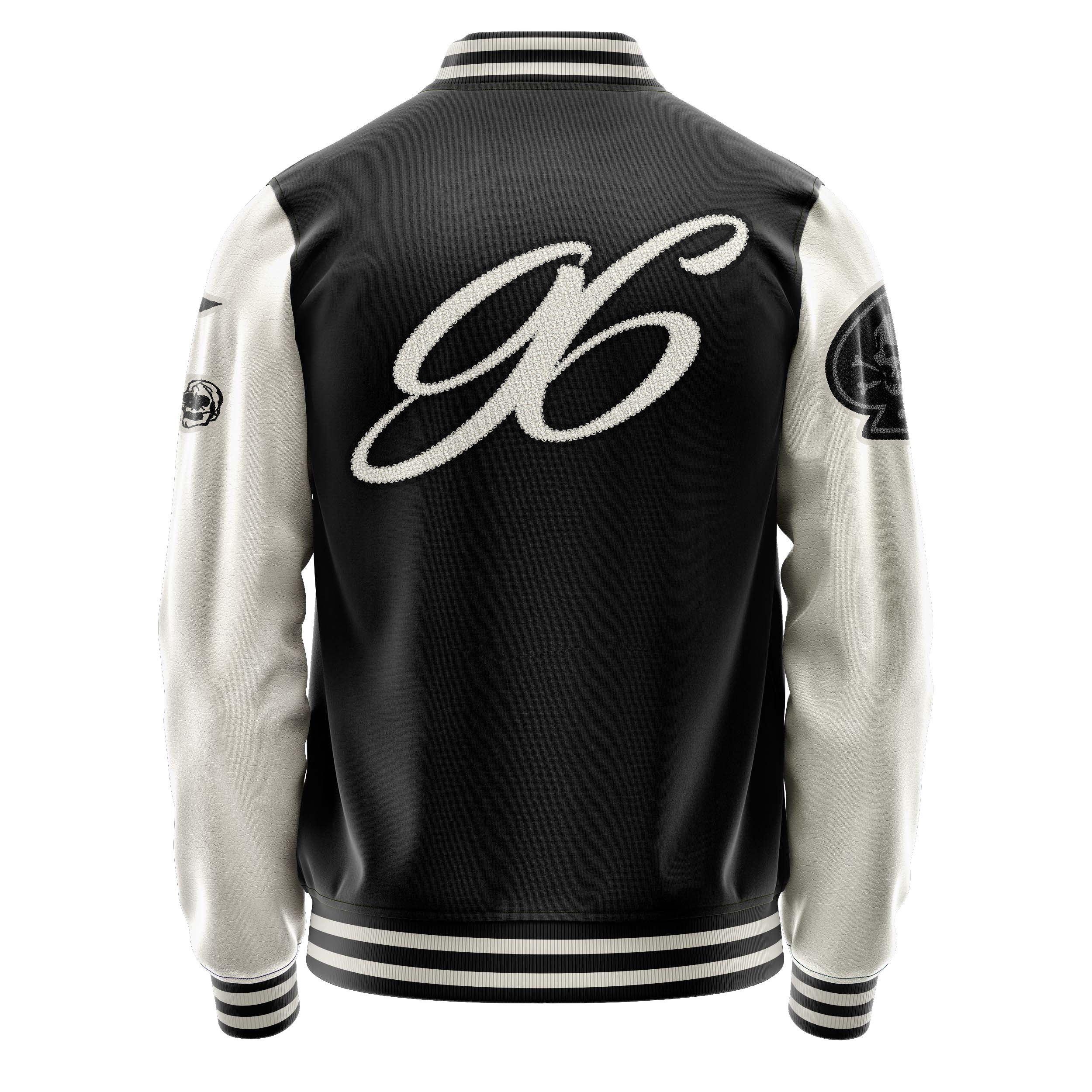 Custom Black Varsity Jacket Patches Beige Leather Sleeves - Skull& Cross