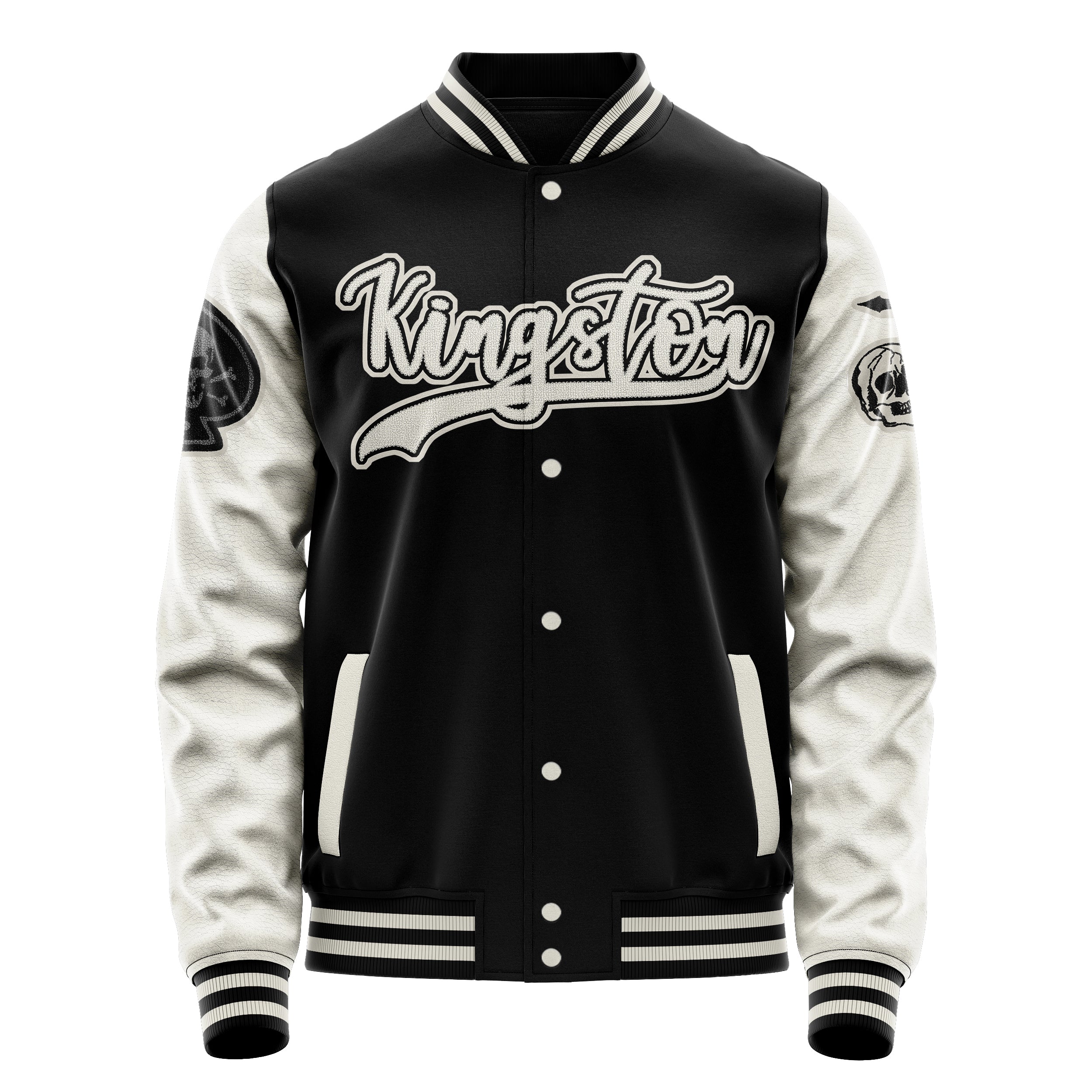 Custom Black Varsity Jacket Patches Beige Leather Sleeves - Skull& Cross