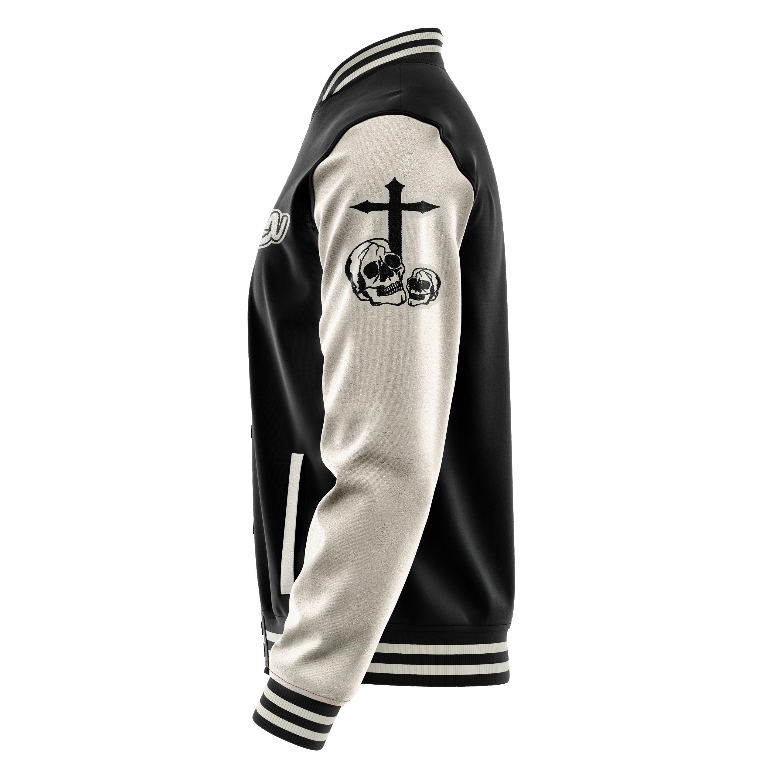 Custom Black Varsity Jacket Patches Beige Leather Sleeves - Skull& Cross