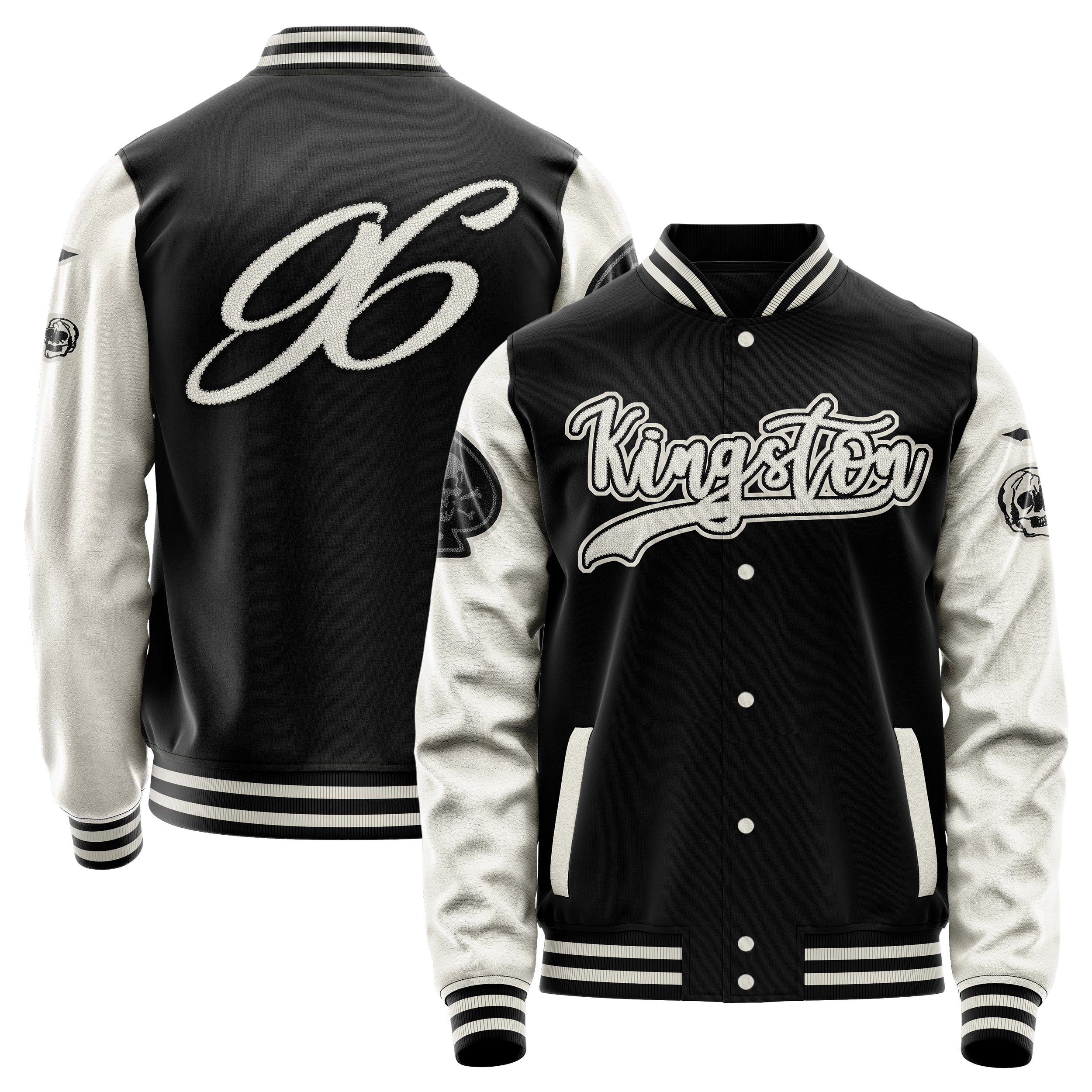 Custom Black Varsity Jacket Patches Beige Leather Sleeves - Skull& Cross