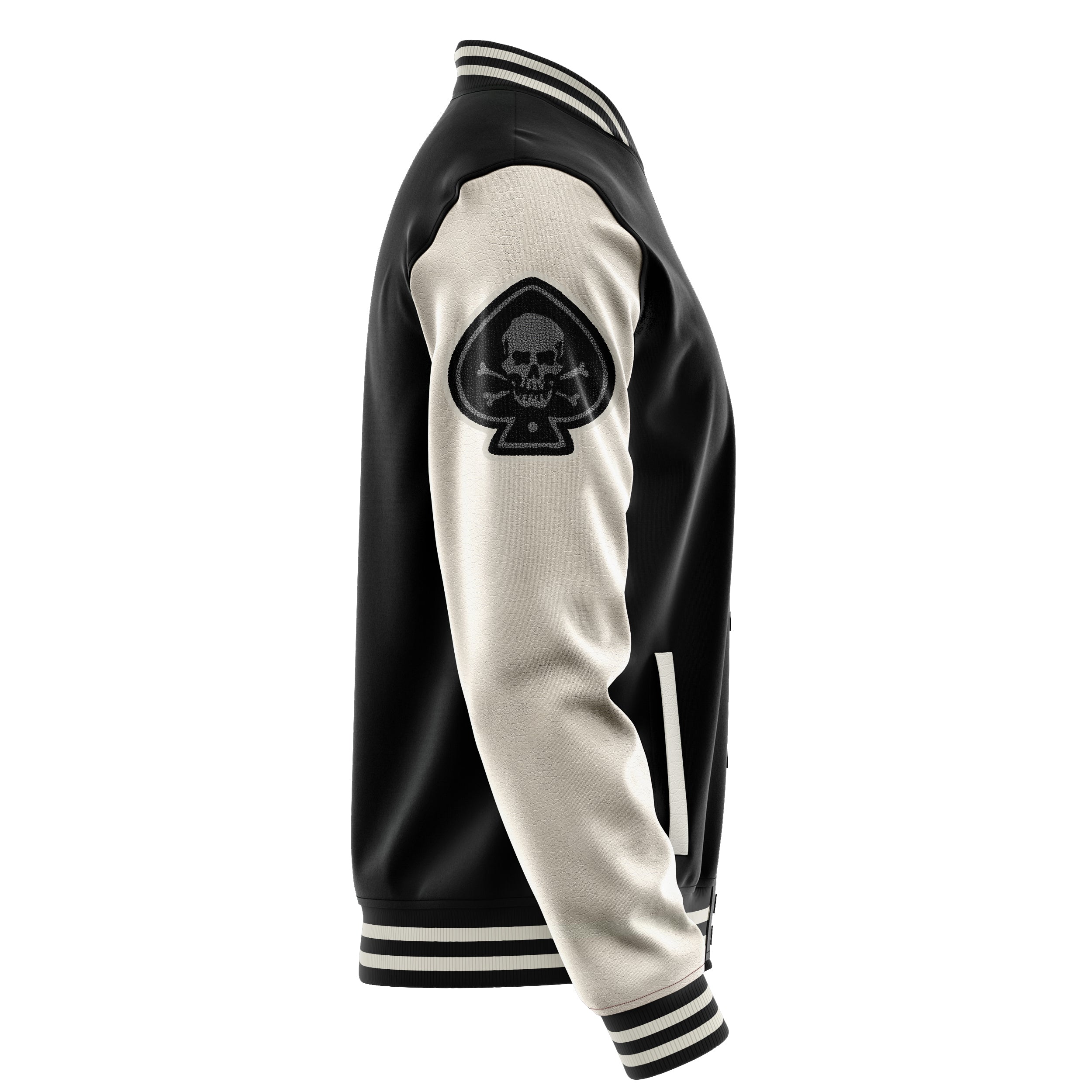 Custom Black Varsity Jacket Patches Beige Leather Sleeves - Skull& Cross