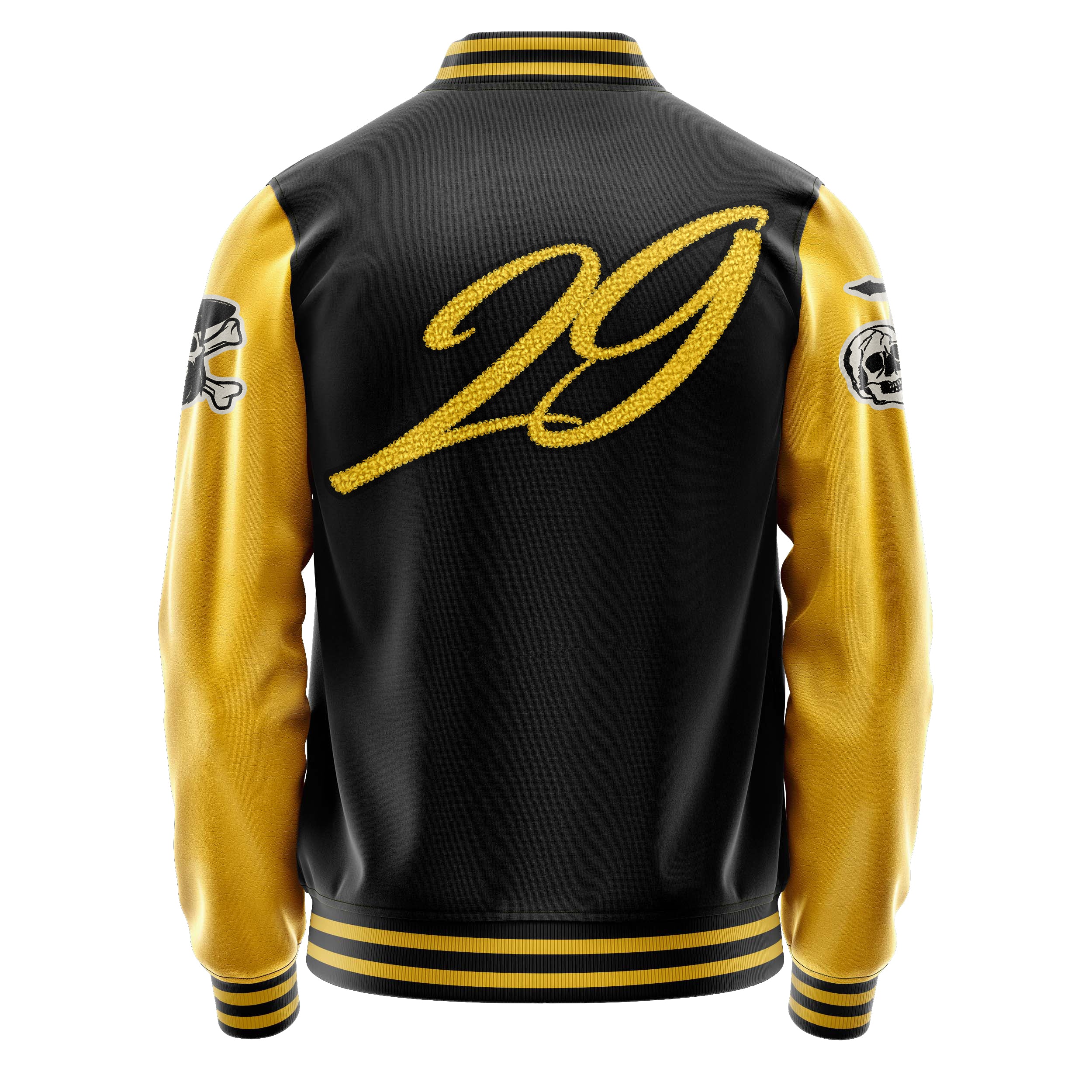Custom Black Varsity Jacket Patches Egg Yellow Leather Sleeves - Skull& Cross