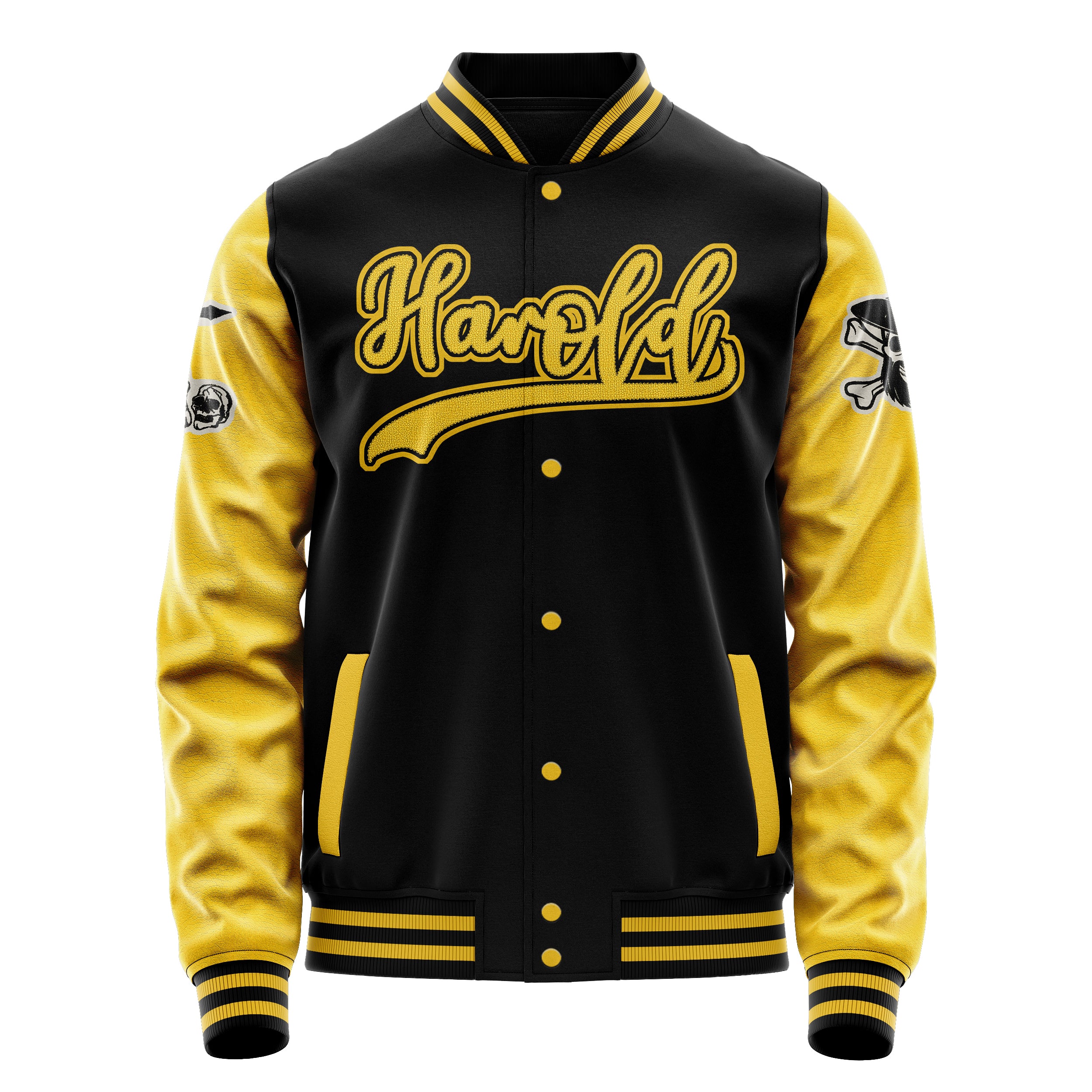 Custom Black Varsity Jacket Patches Egg Yellow Leather Sleeves - Skull& Cross