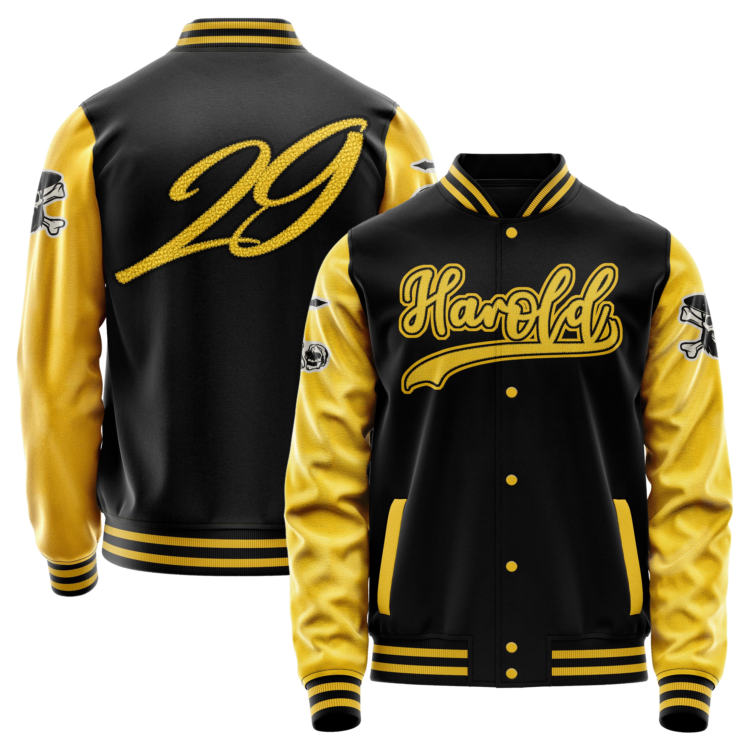 Custom Black Varsity Jacket Patches Egg Yellow Leather Sleeves - Skull& Cross