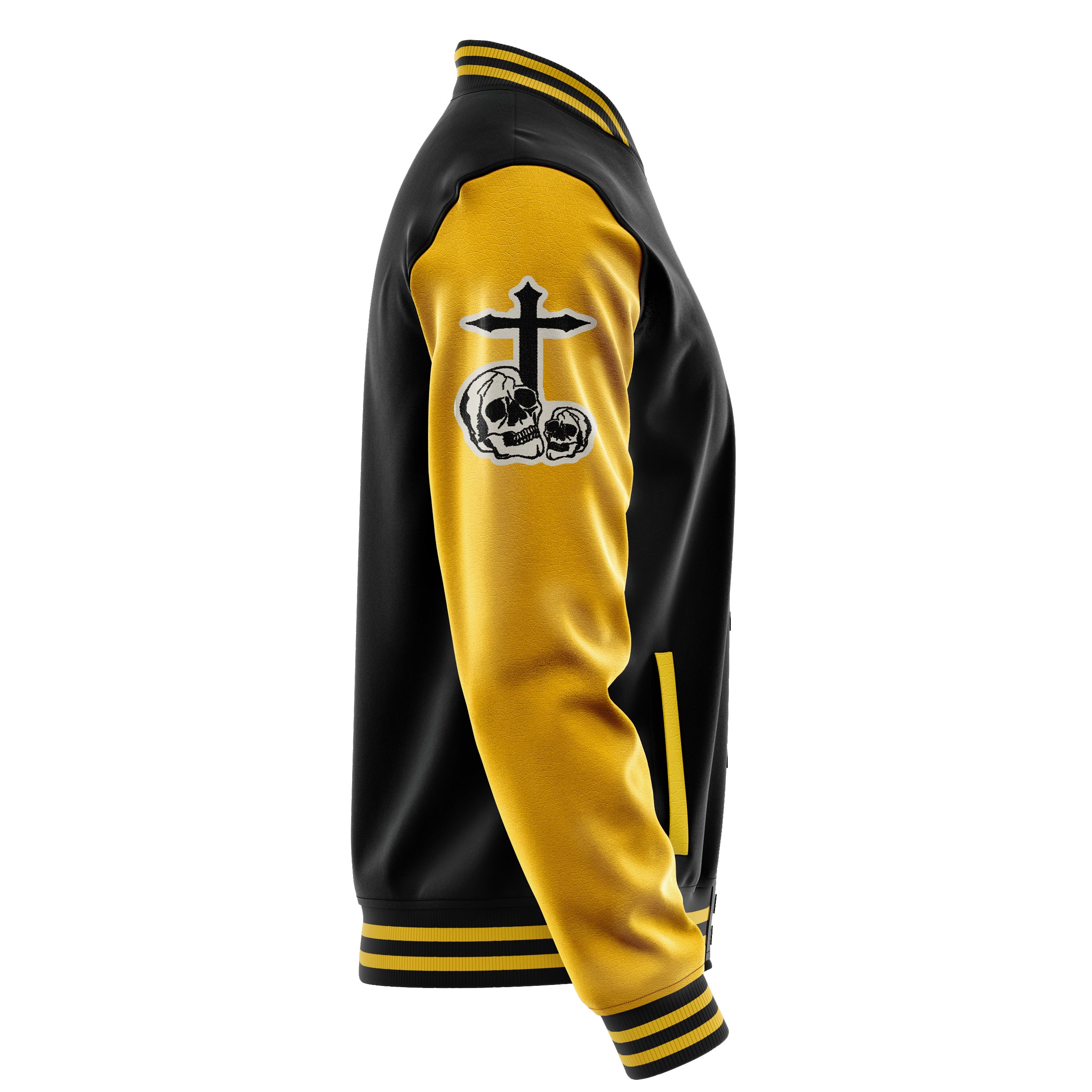 Custom Black Varsity Jacket Patches Egg Yellow Leather Sleeves - Skull& Cross