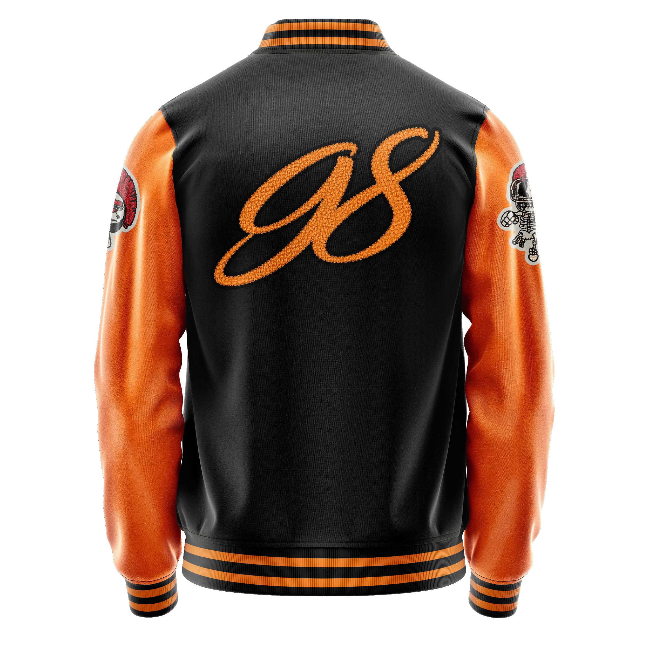 Custom Black Varsity Jacket Patches Orange Leather Sleeves - Skull Rootball