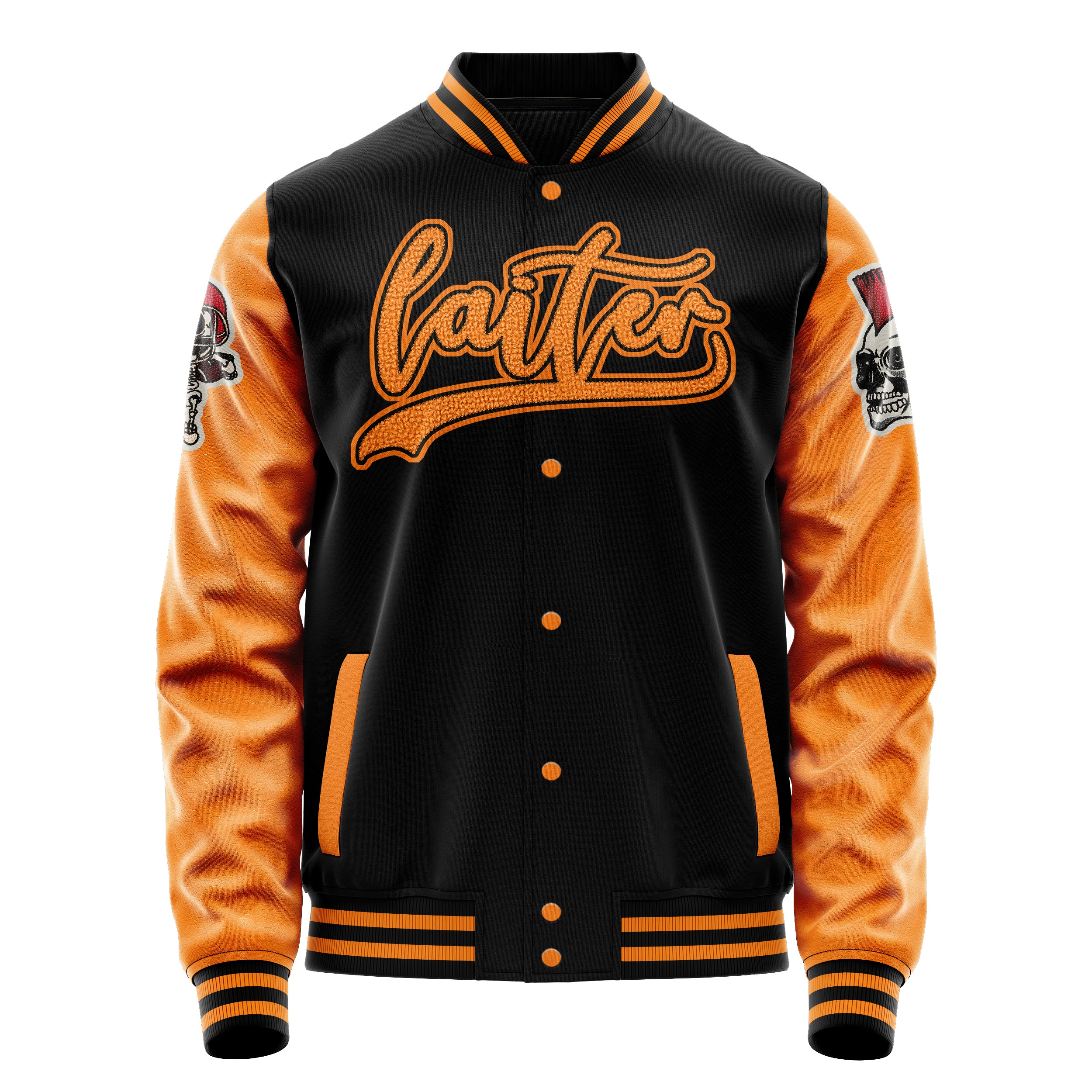 Custom Black Varsity Jacket Patches Orange Leather Sleeves - Skull Rootball