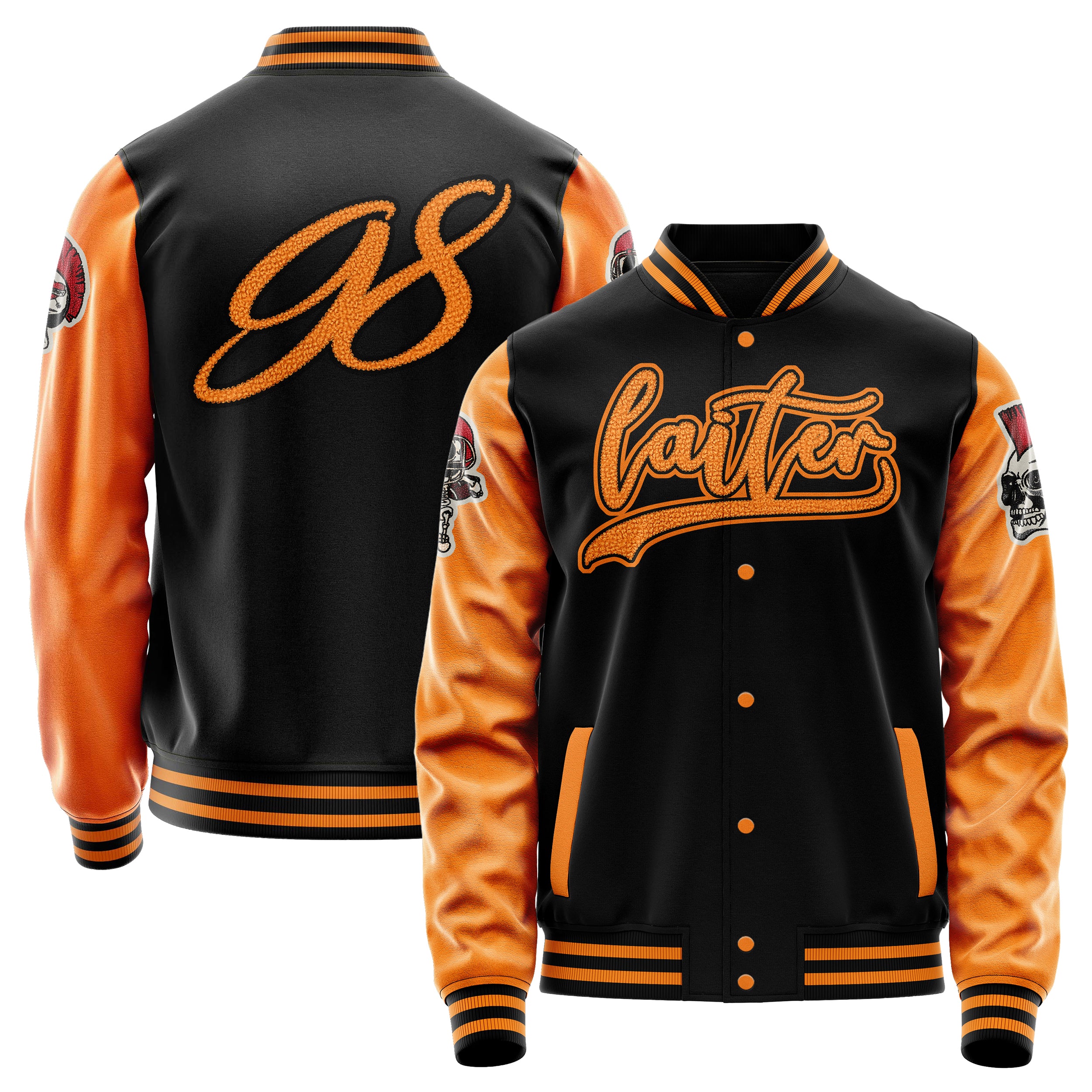 Custom Black Varsity Jacket Patches Orange Leather Sleeves - Skull Rootball