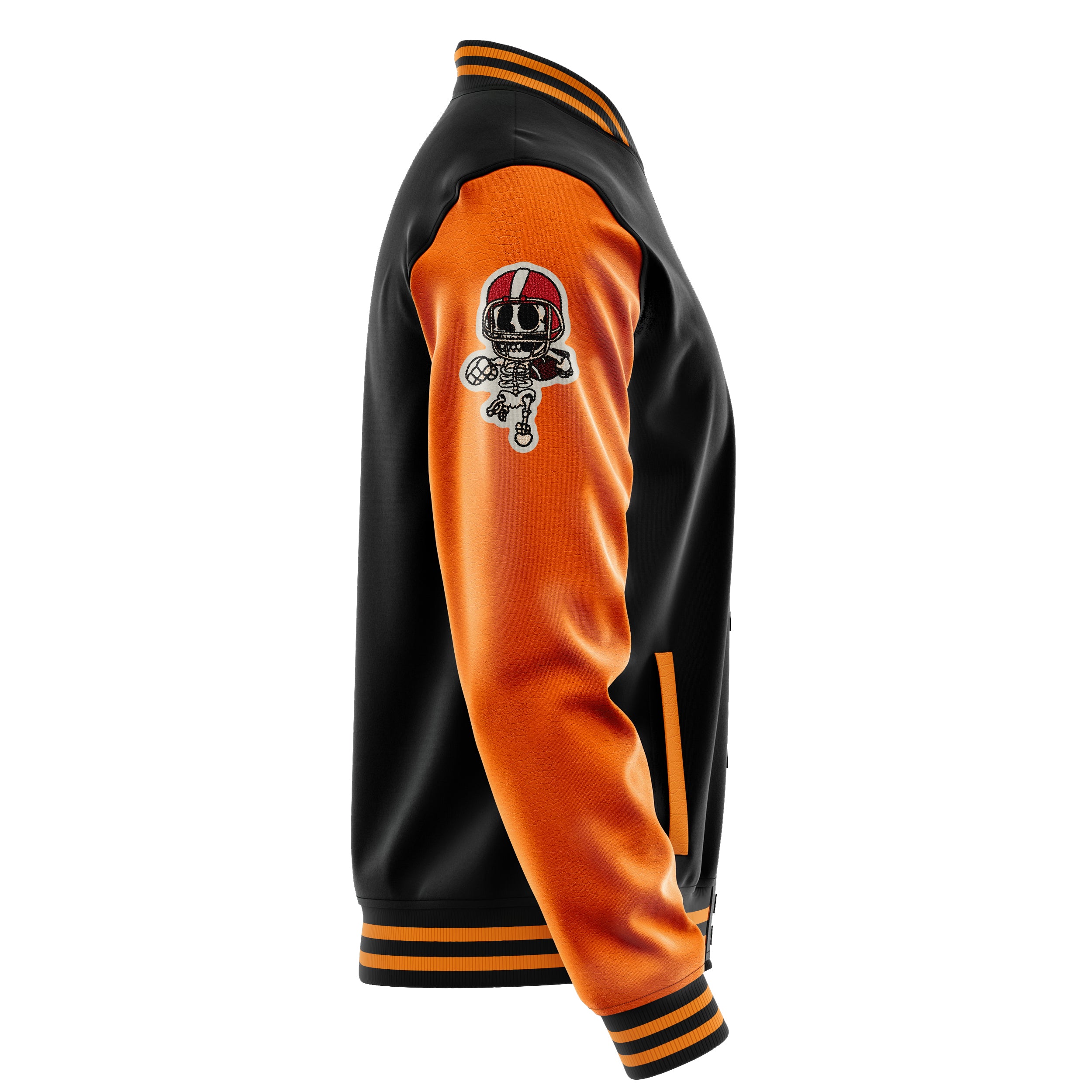 Custom Black Varsity Jacket Patches Orange Leather Sleeves - Skull Rootball