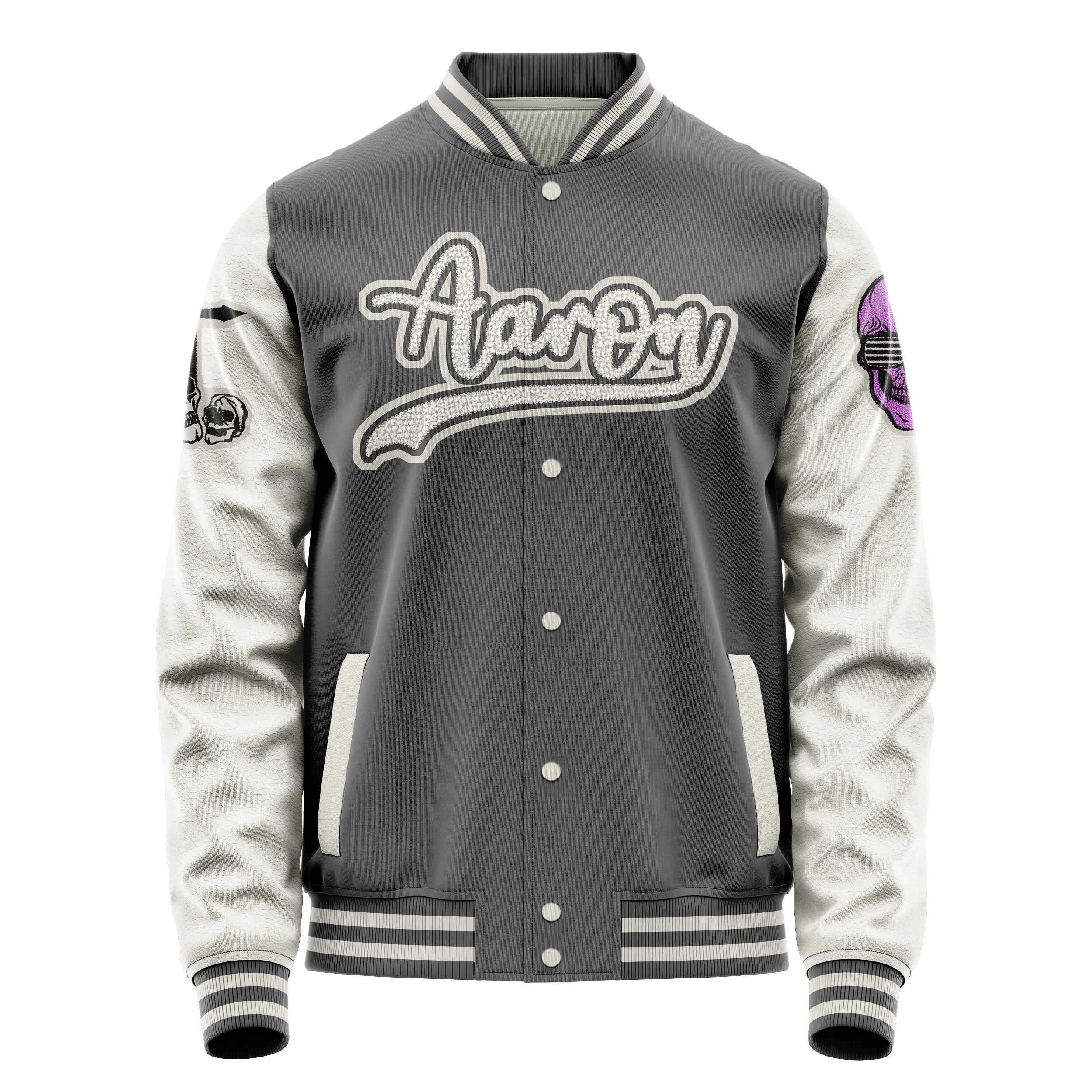 Custom Gray Varsity Jacket Patches Beige Leather Sleeves - Skull