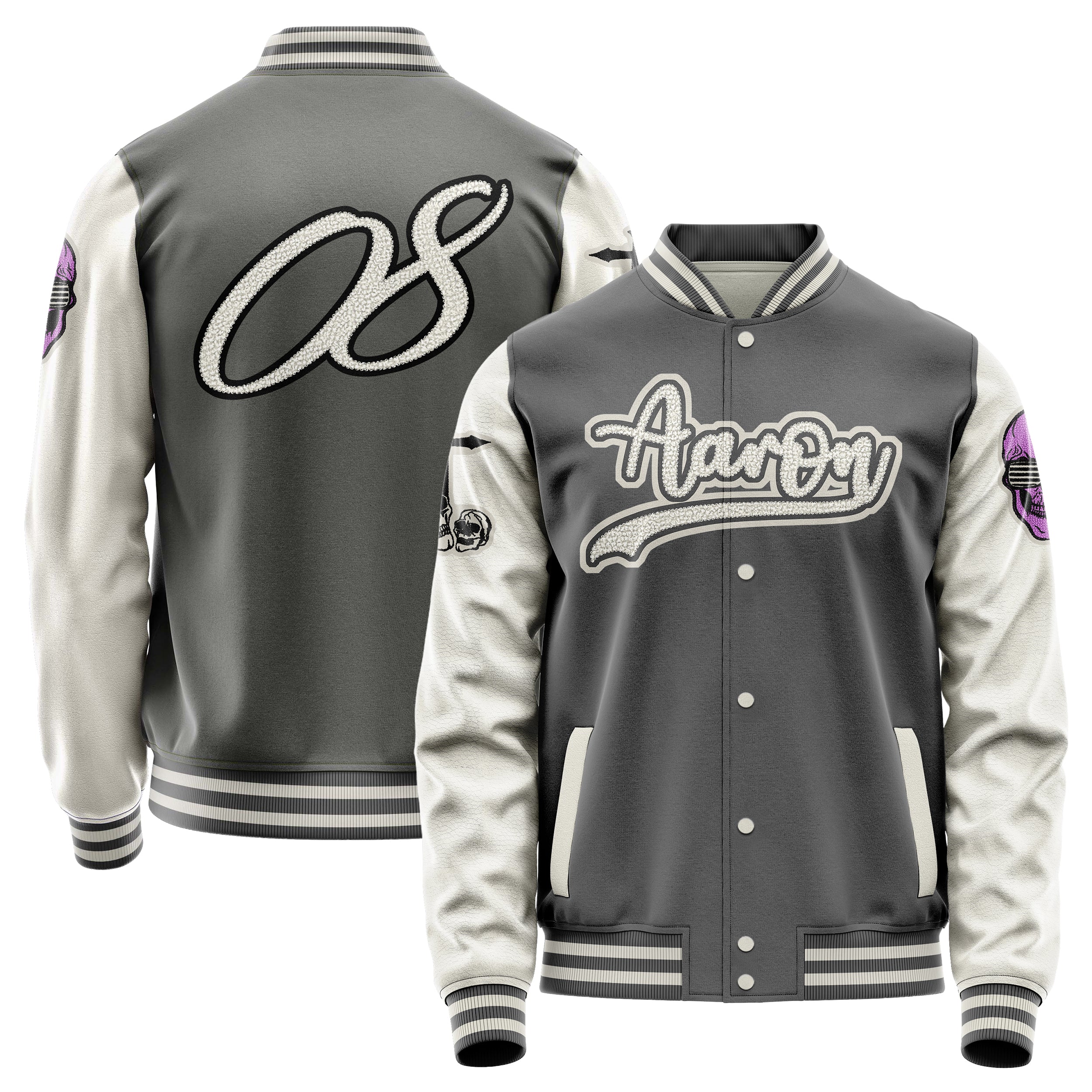 Custom Gray Varsity Jacket Patches Beige Leather Sleeves - Skull