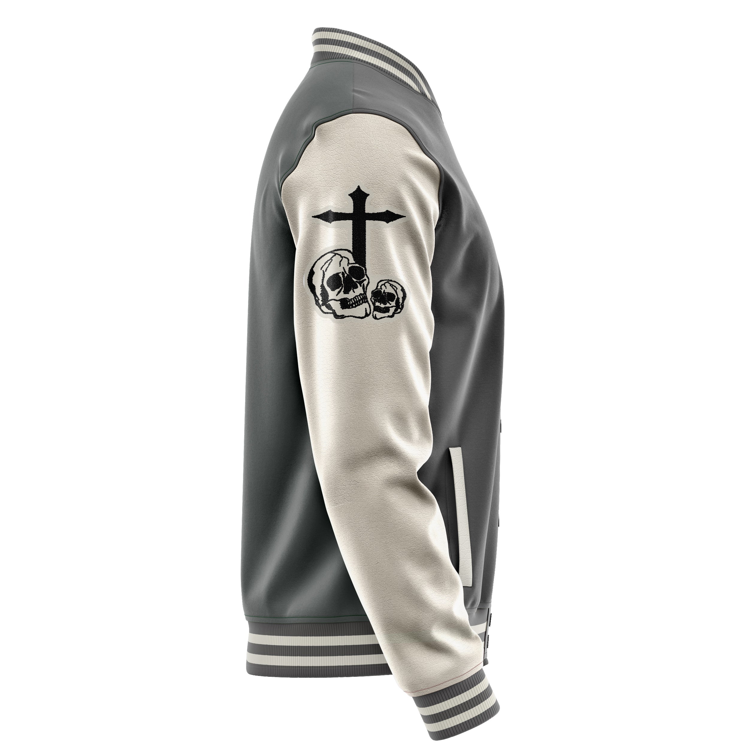 Custom Gray Varsity Jacket Patches Beige Leather Sleeves - Skull