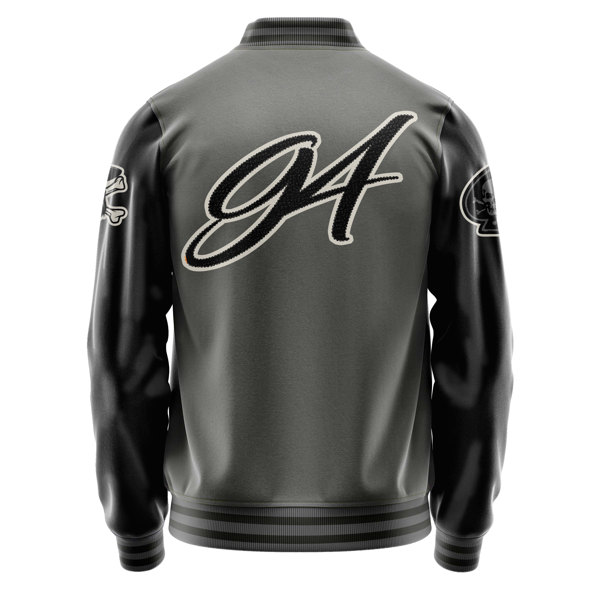 Custom Gray Varsity Jacket Patches Black Leather Sleeves - Skull