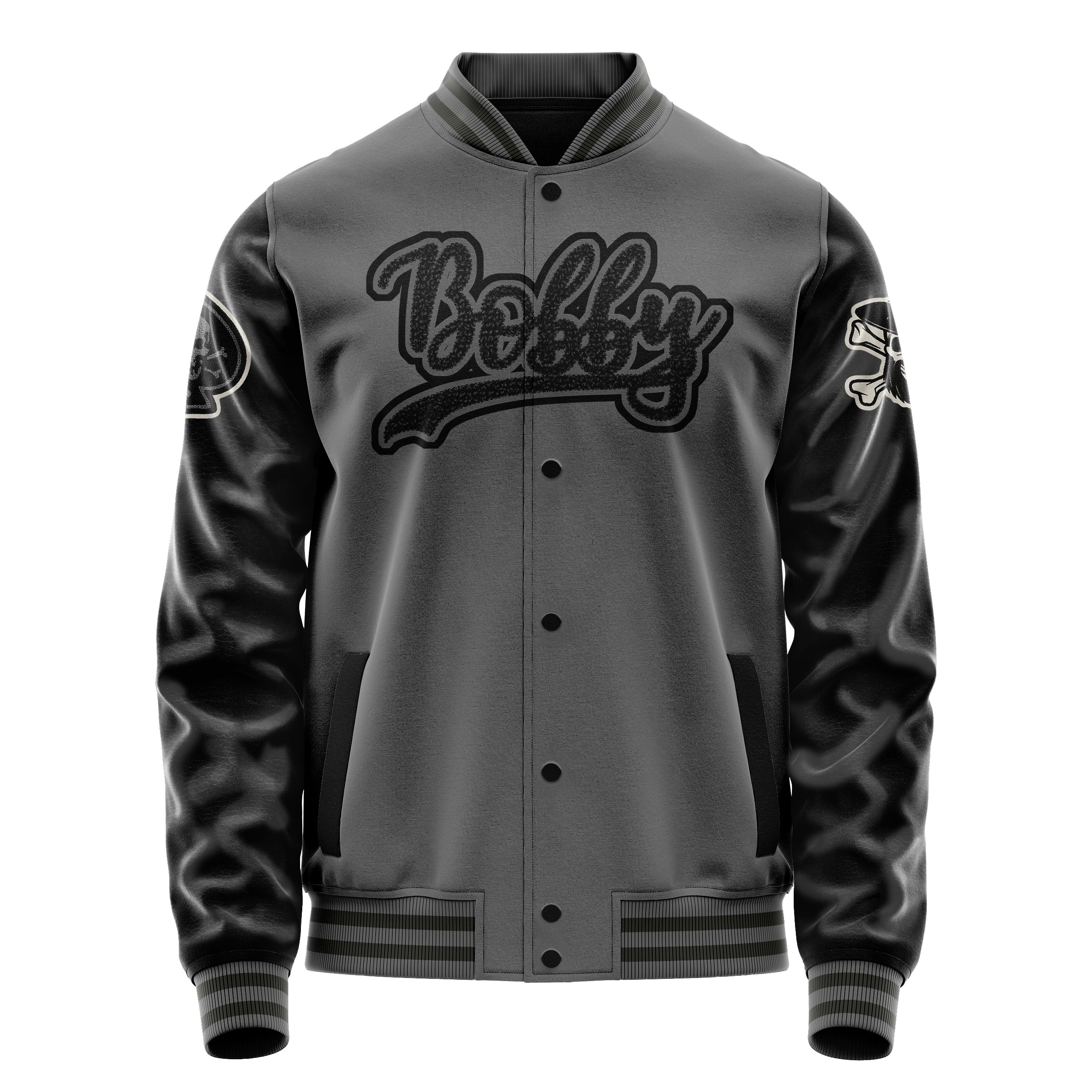 Custom Gray Varsity Jacket Patches Black Leather Sleeves - Skull