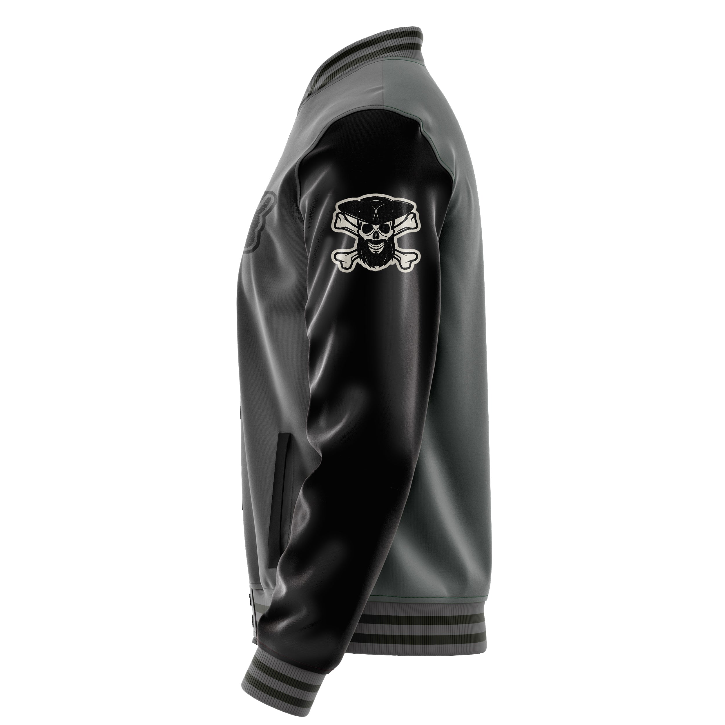 Custom Gray Varsity Jacket Patches Black Leather Sleeves - Skull