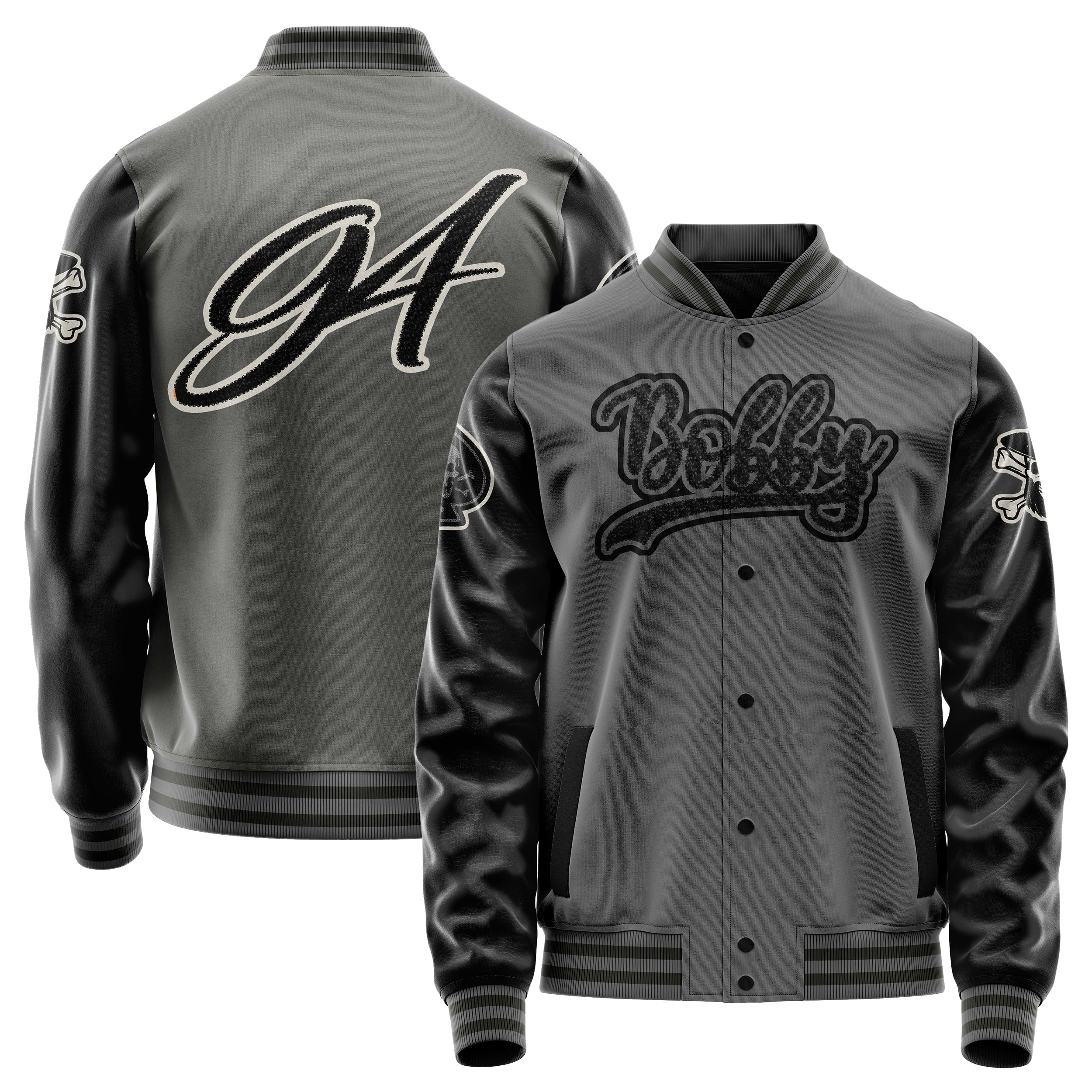 Custom Gray Varsity Jacket Patches Black Leather Sleeves - Skull