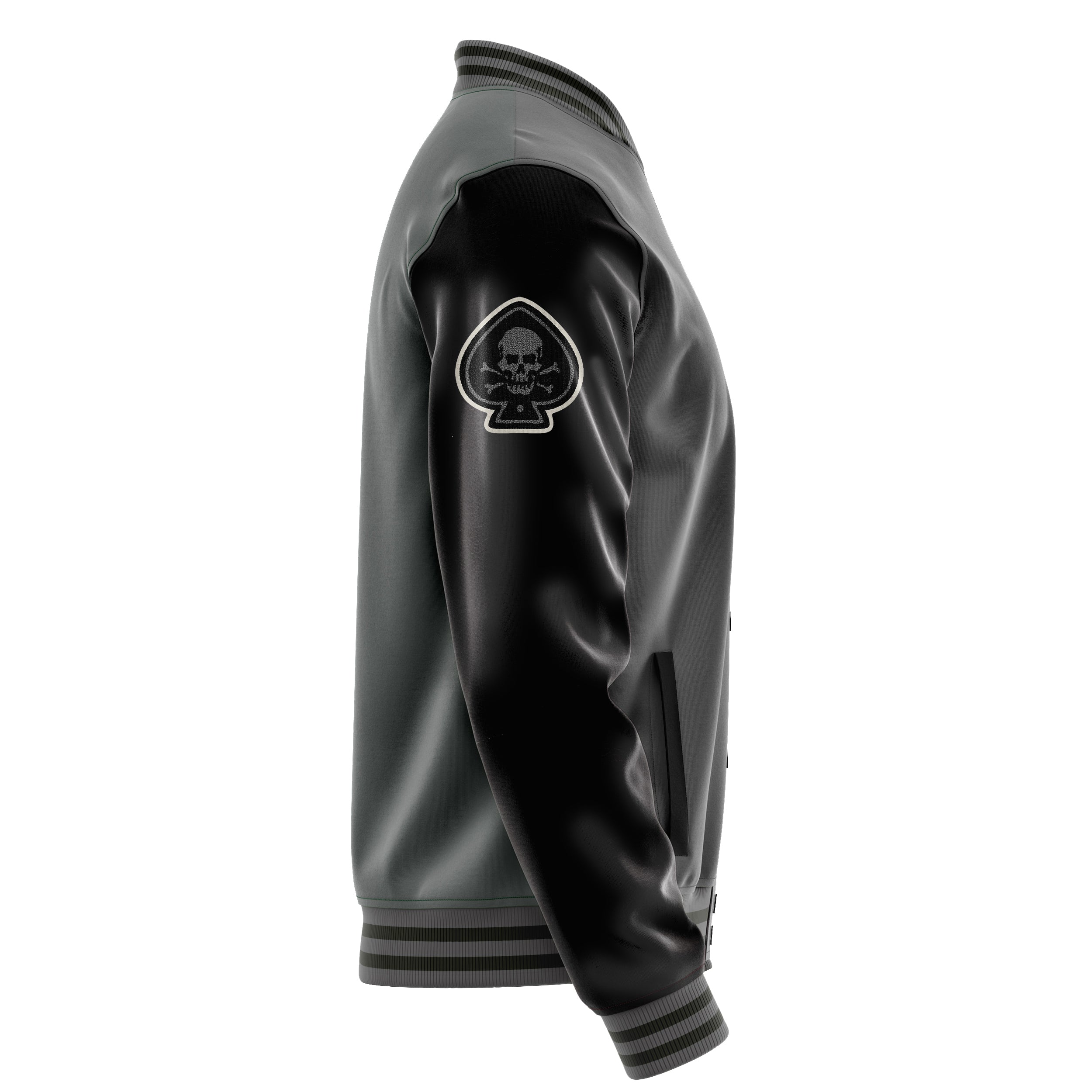 Custom Gray Varsity Jacket Patches Black Leather Sleeves - Skull