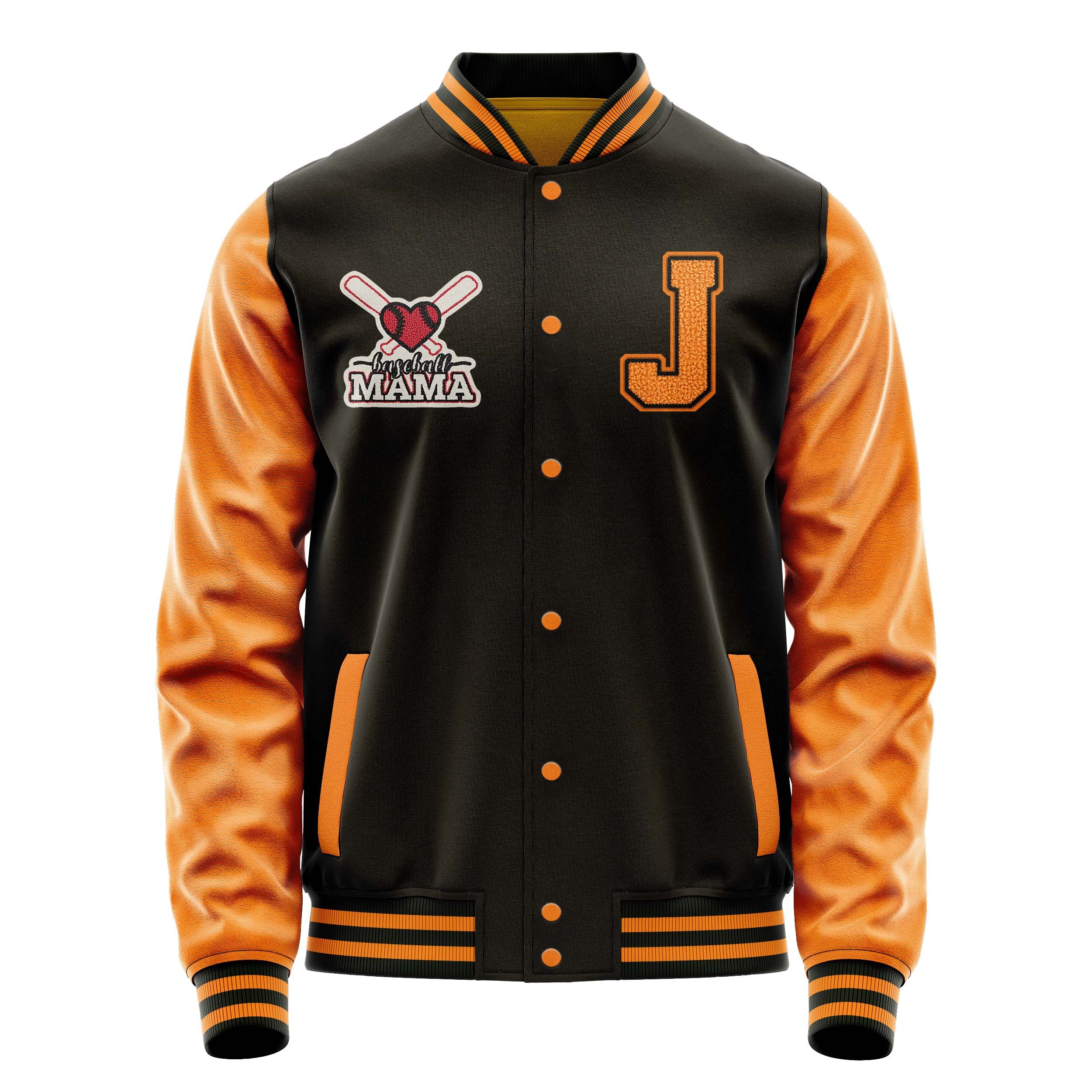 Custom Brown Varsity Jacket Patches Orange Leather Sleeves - Baseball MAMA