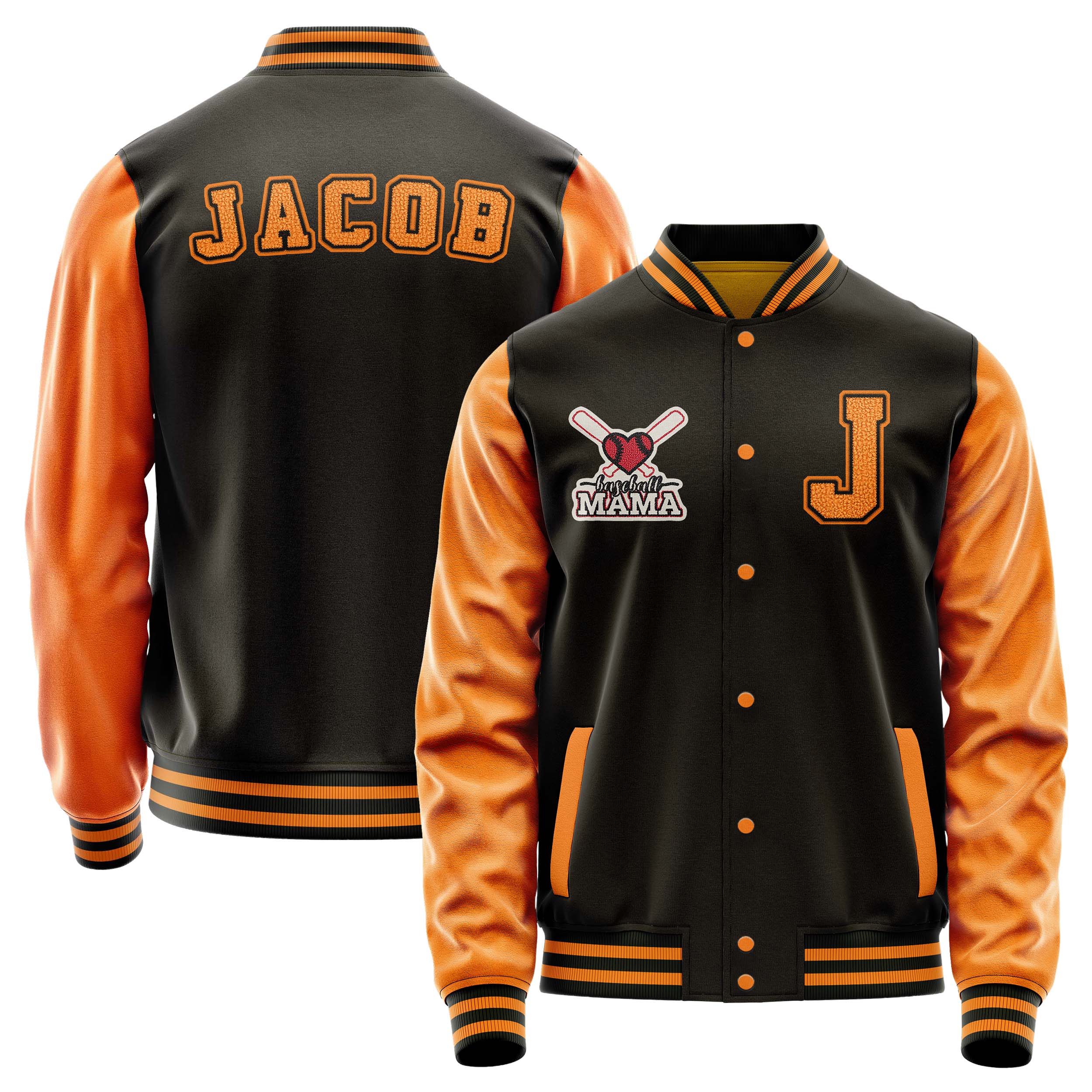 Custom Brown Varsity Jacket Patches Orange Leather Sleeves - Baseball MAMA