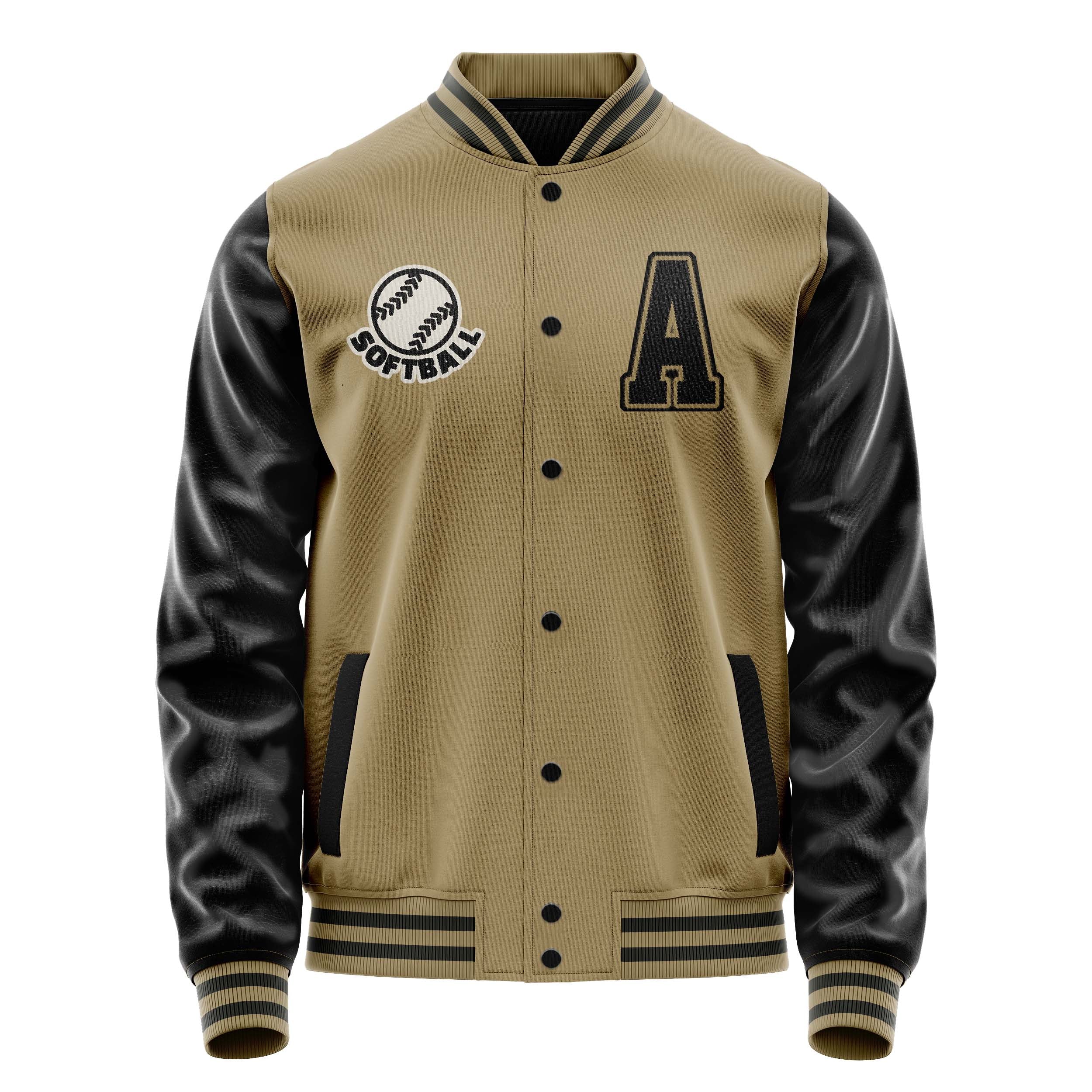 Custom Camel Varsity Jacket Patches Black Leather Sleeves - football