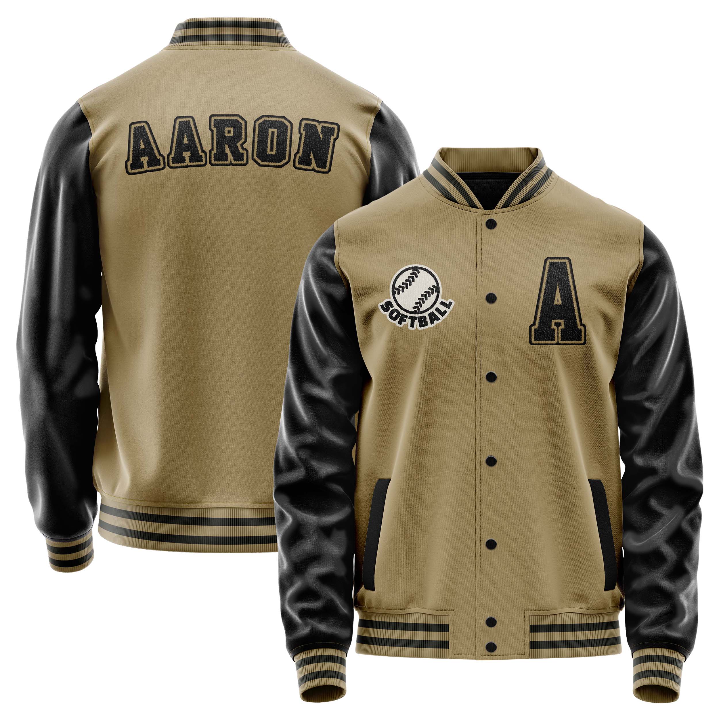 Custom Camel Varsity Jacket Patches Black Leather Sleeves - football