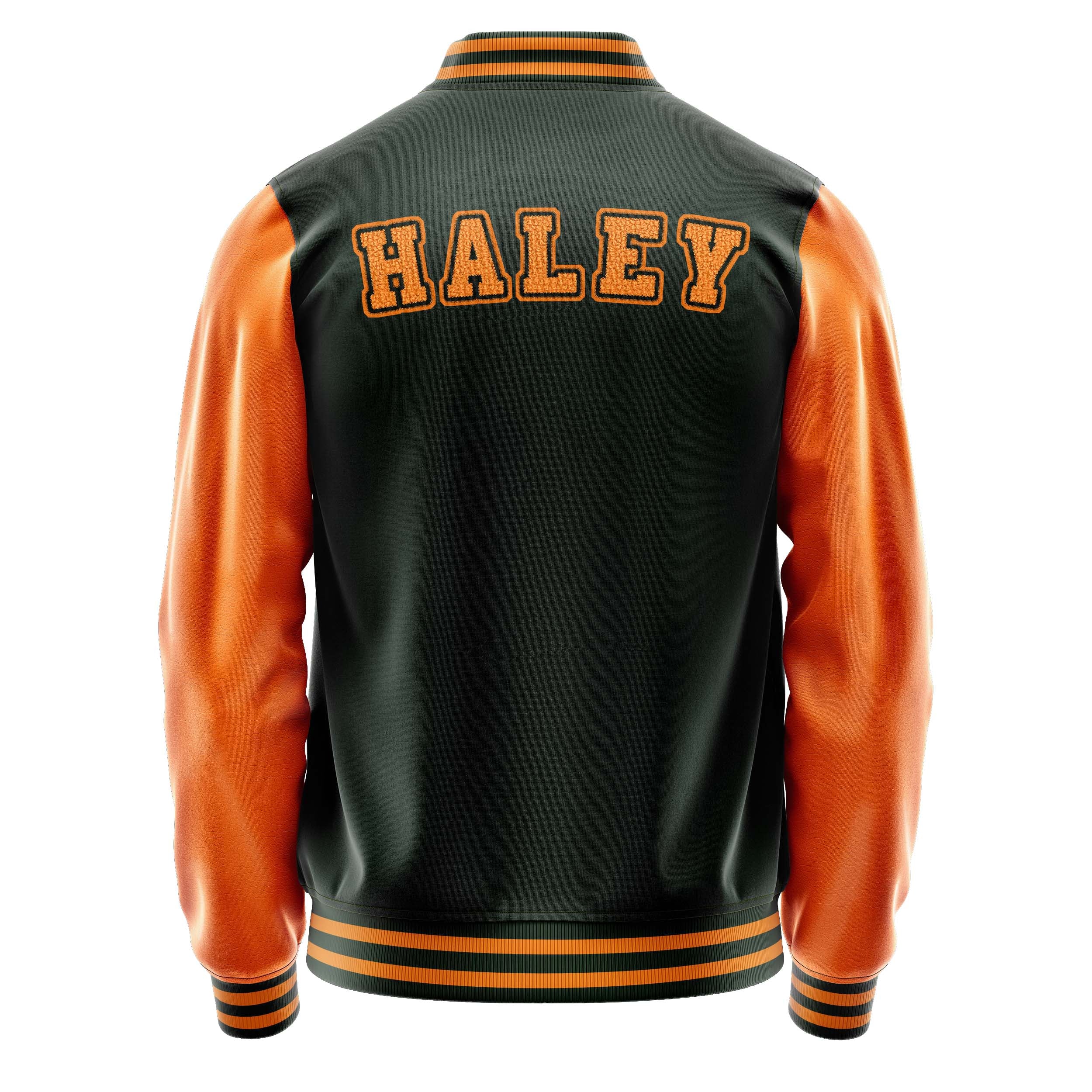 Custom Dark Green Varsity Jacket Patches Orange Leather Sleeves - baseball logo