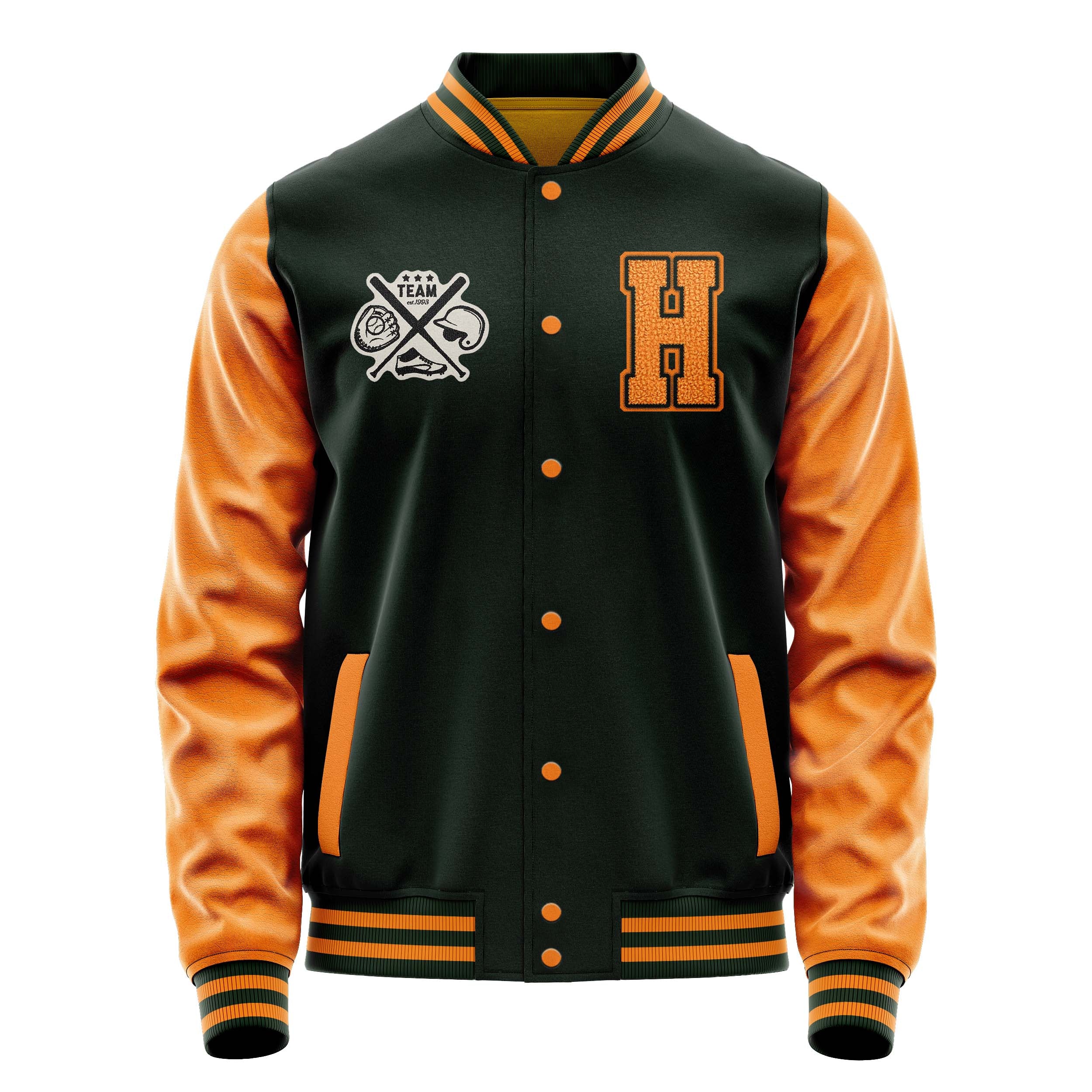 Custom Dark Green Varsity Jacket Patches Orange Leather Sleeves - baseball logo