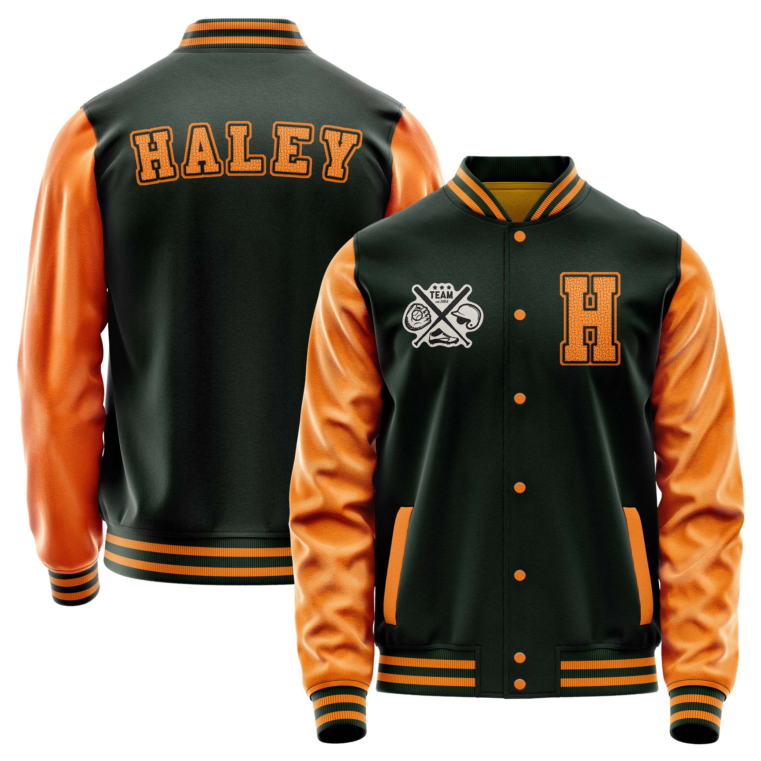 Custom Dark Green Varsity Jacket Patches Orange Leather Sleeves - baseball logo