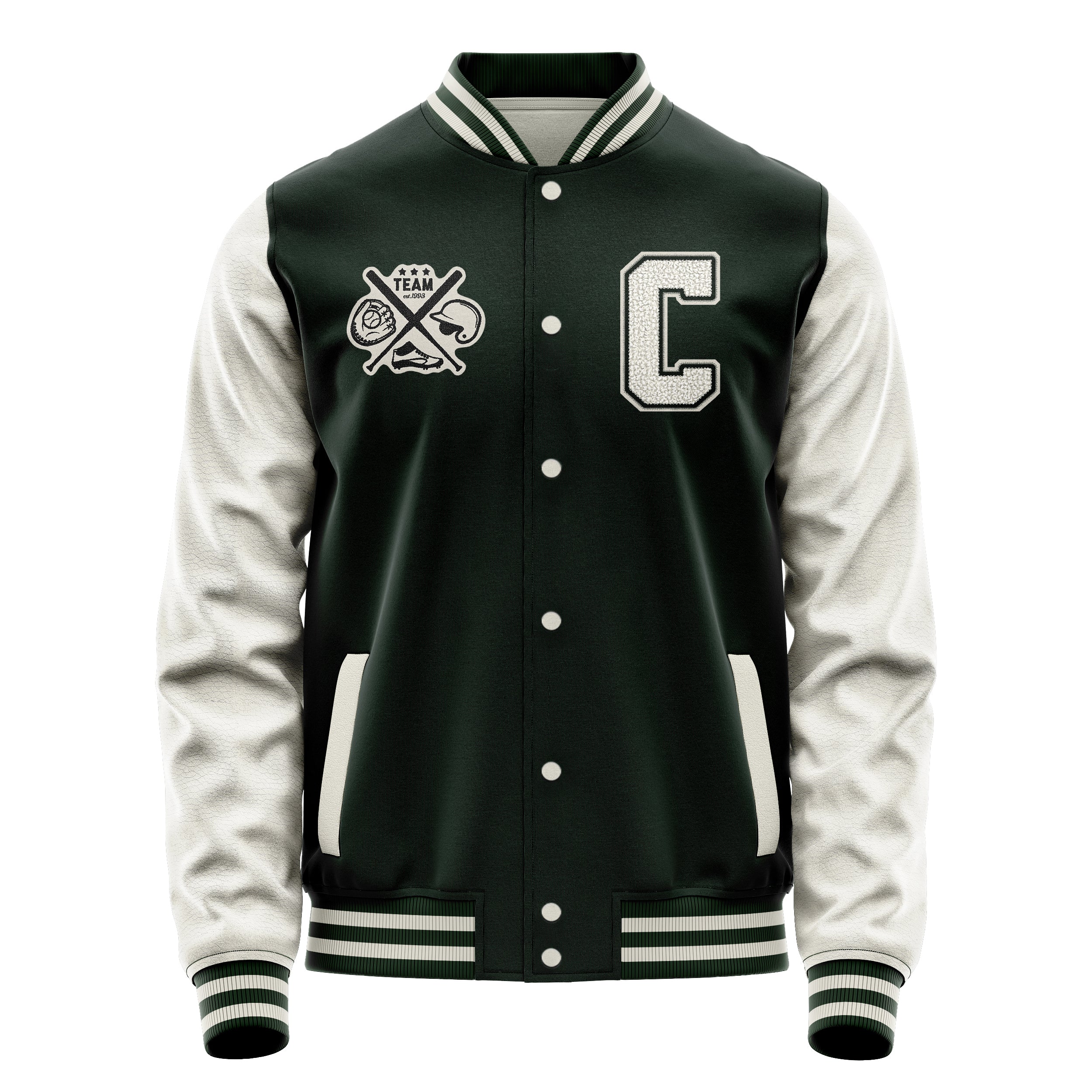 Custom Dark Green Varsity Jacket Patches Beige Leather Sleeves - baseball logo