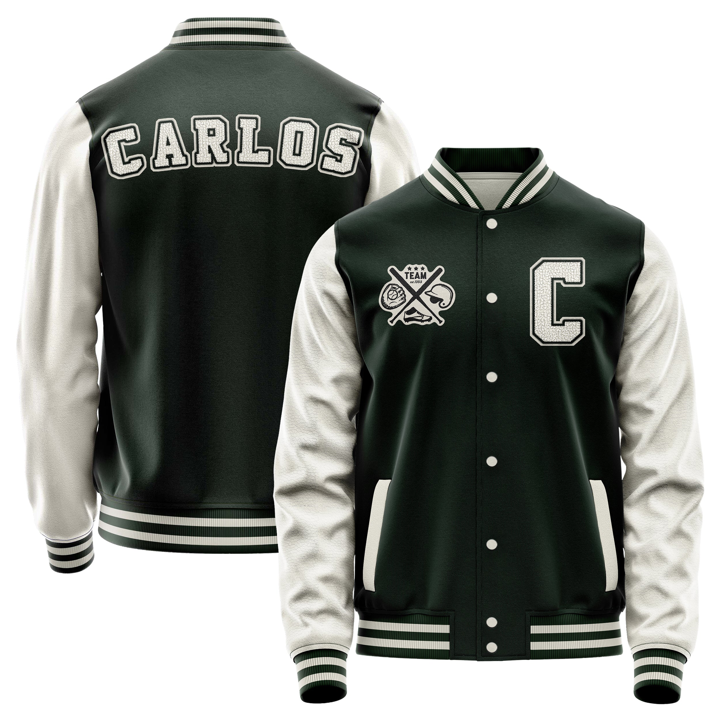 Custom Dark Green Varsity Jacket Patches Beige Leather Sleeves - baseball logo
