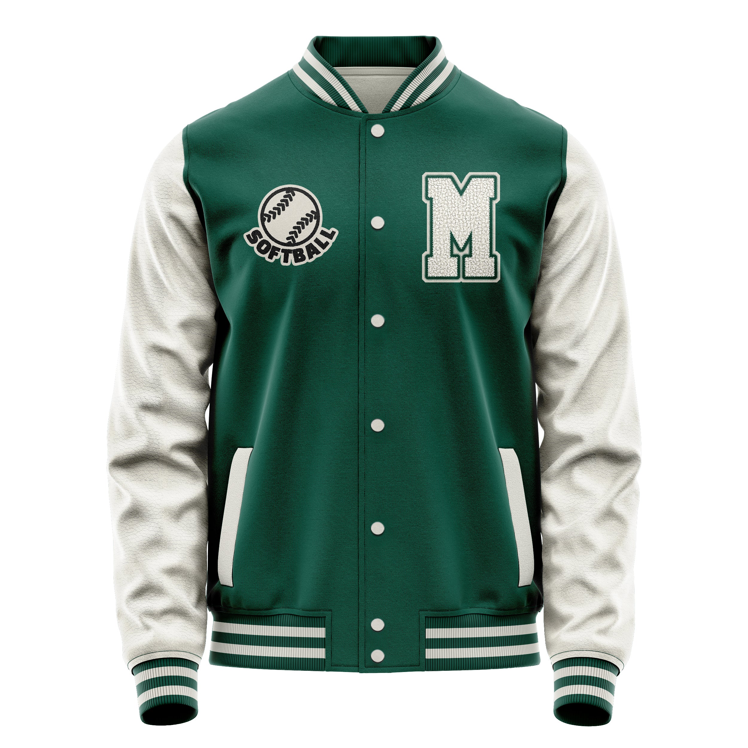 Custom Green Varsity Jacket Patches Beige Leather Sleeves - football