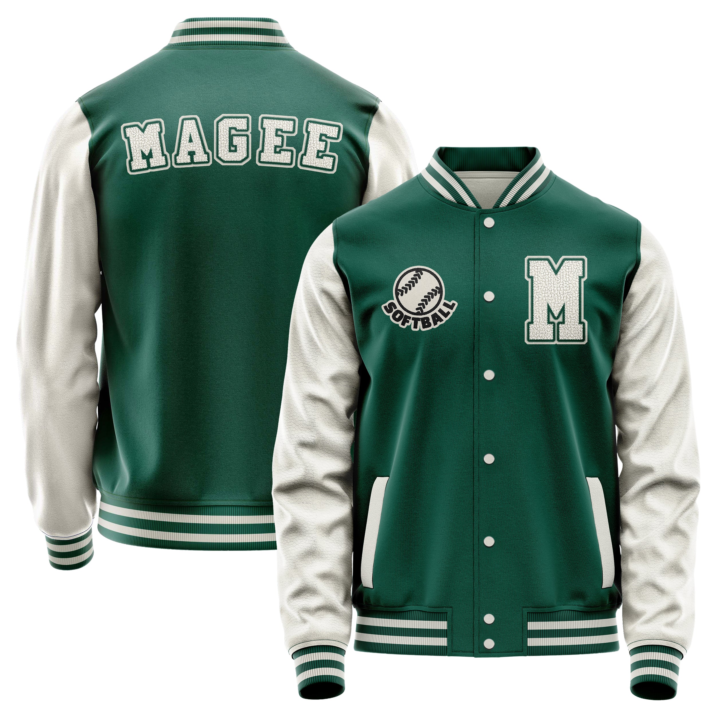 Custom Green Varsity Jacket Patches Beige Leather Sleeves - football