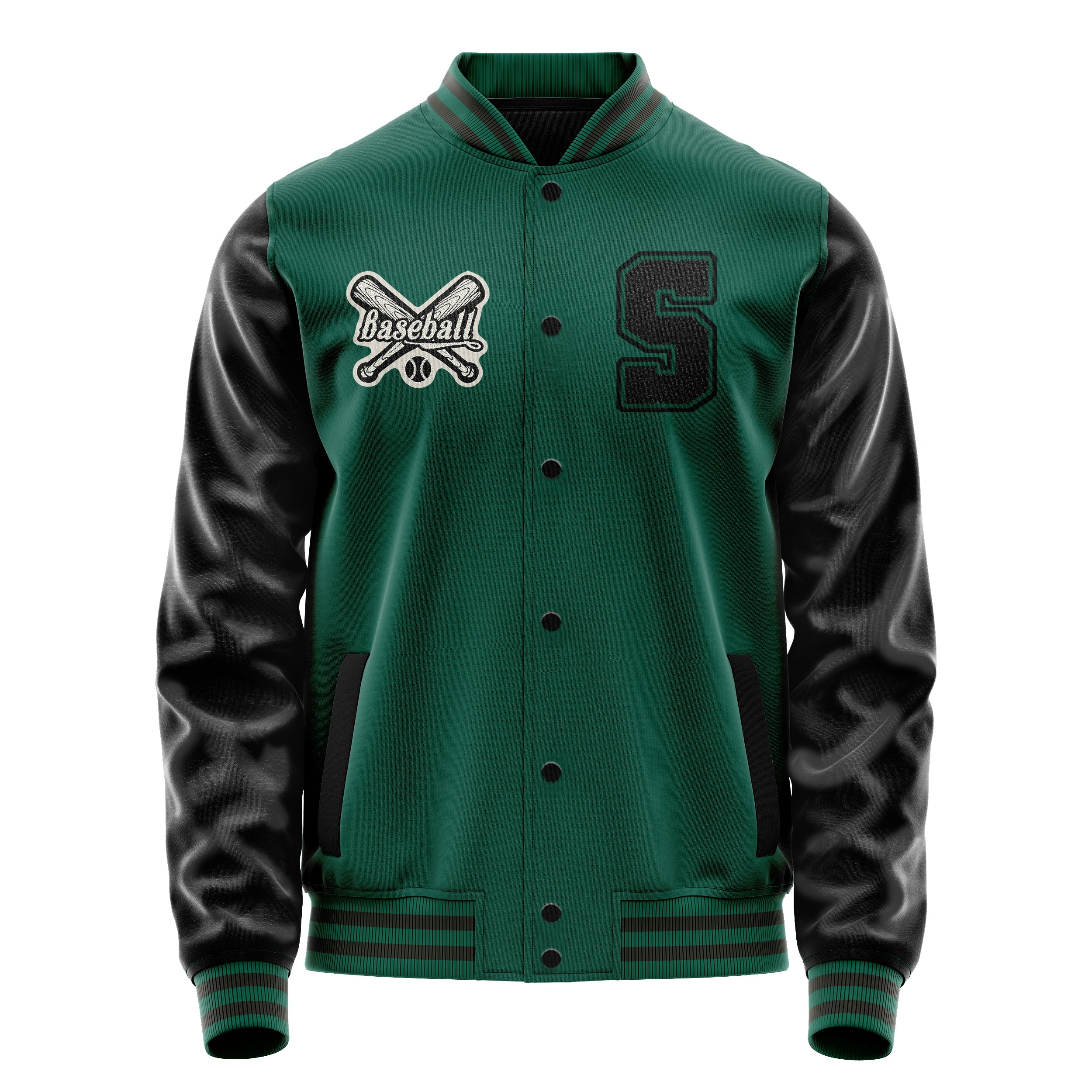 Custom Green Varsity Jacket Patches Black Leather Sleeves - Baseball