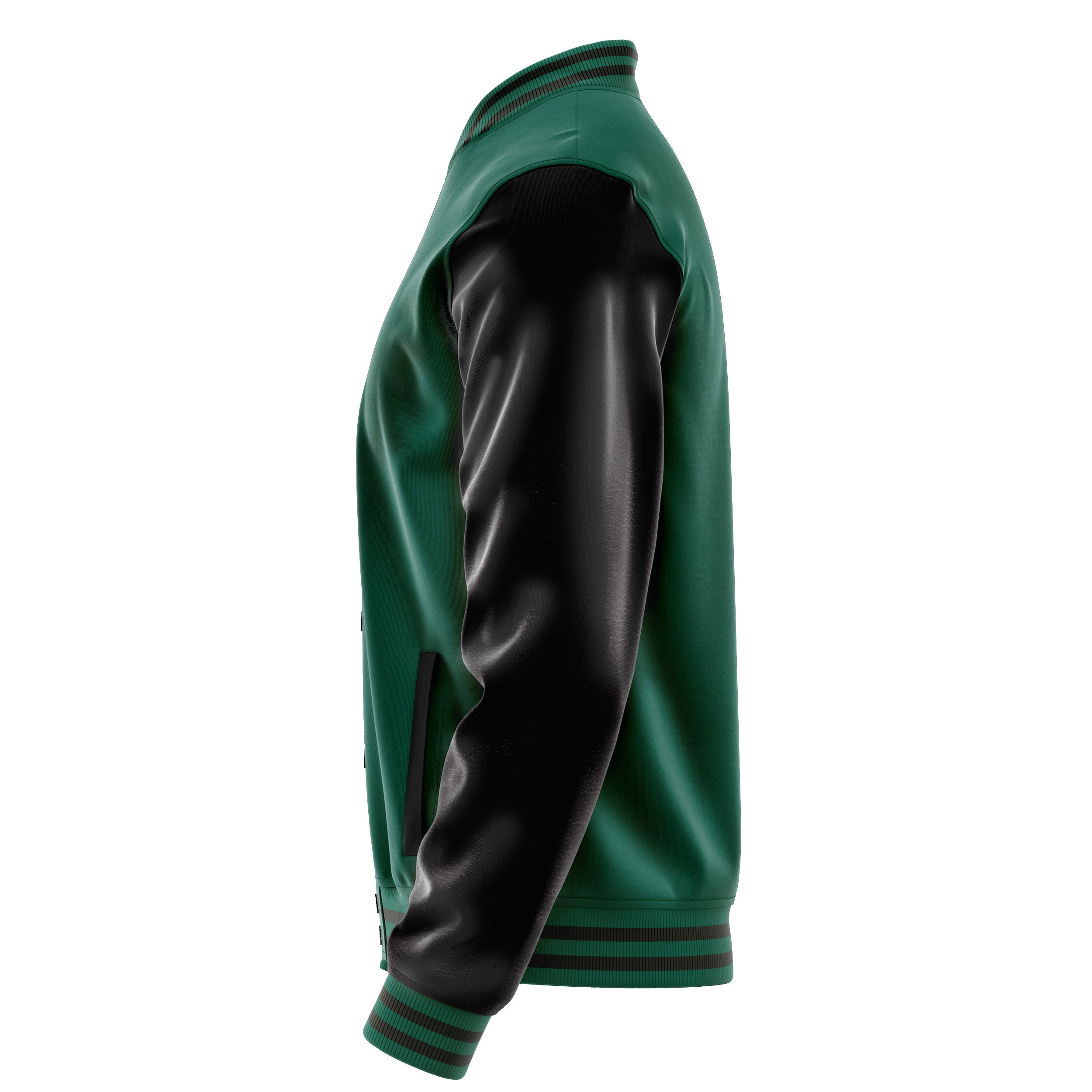 Custom Green Varsity Jacket Patches Black Leather Sleeves - Baseball