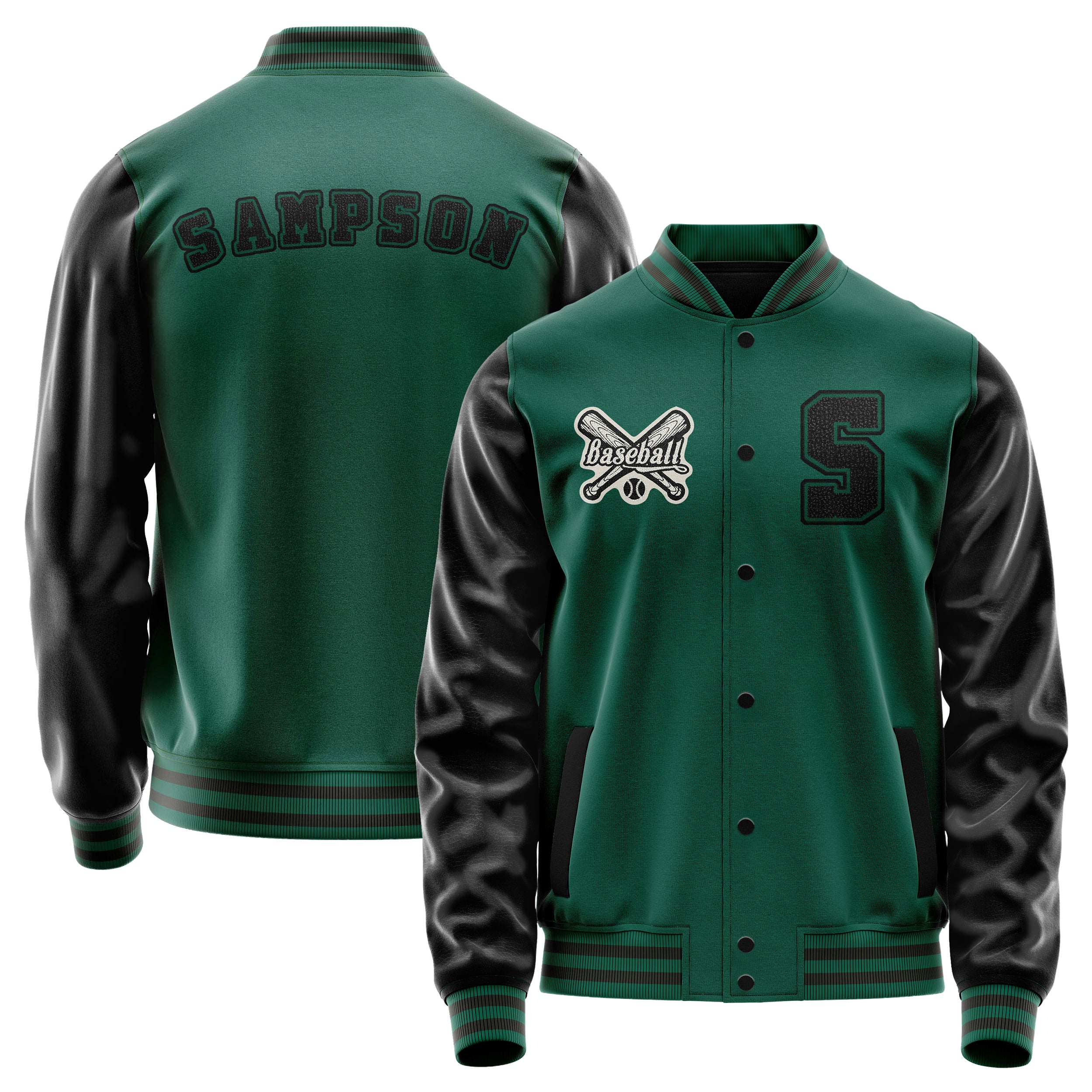 Custom Green Varsity Jacket Patches Black Leather Sleeves - Baseball