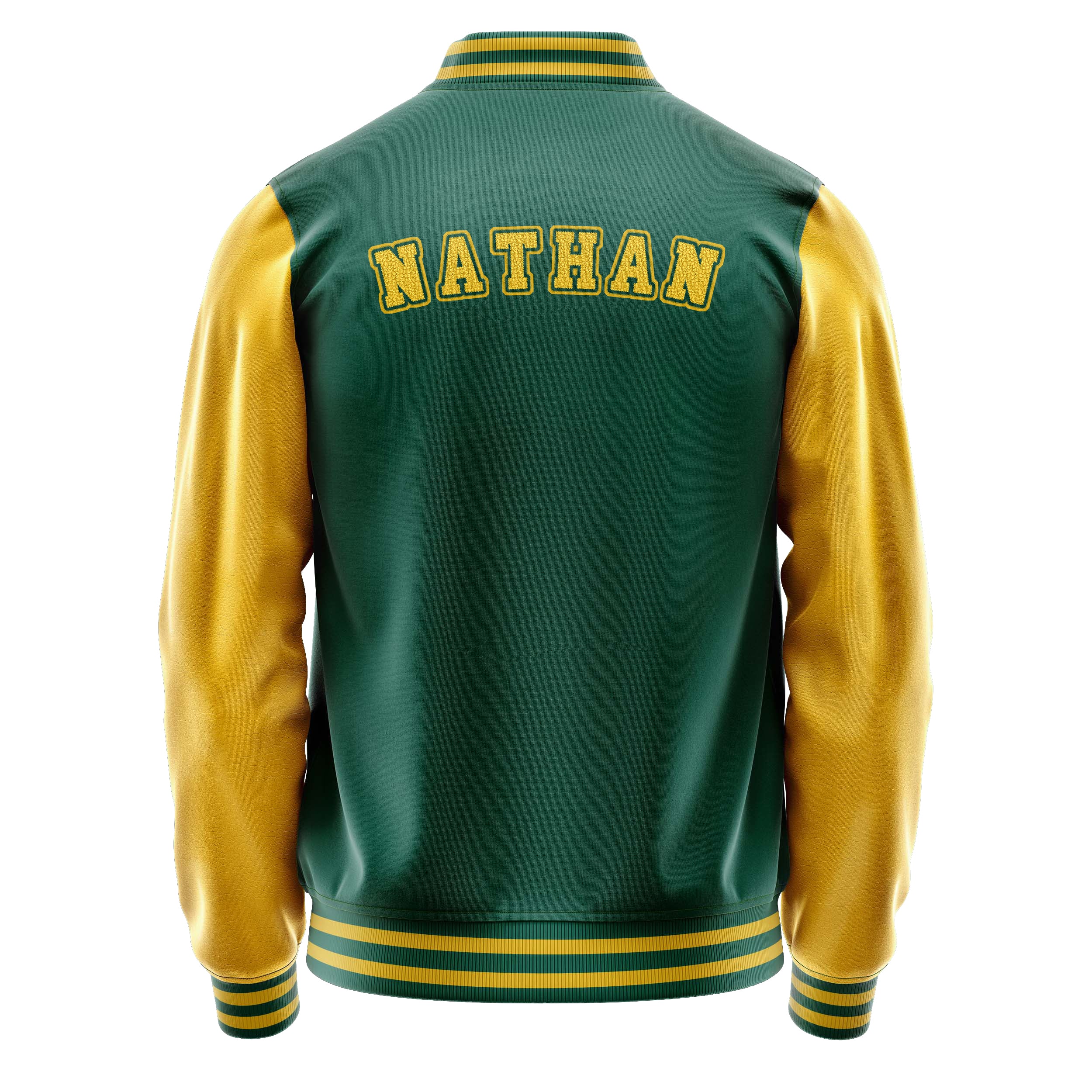 Custom Green Varsity Jacket Patches Egg Yellow Leather Sleeves - Baseball