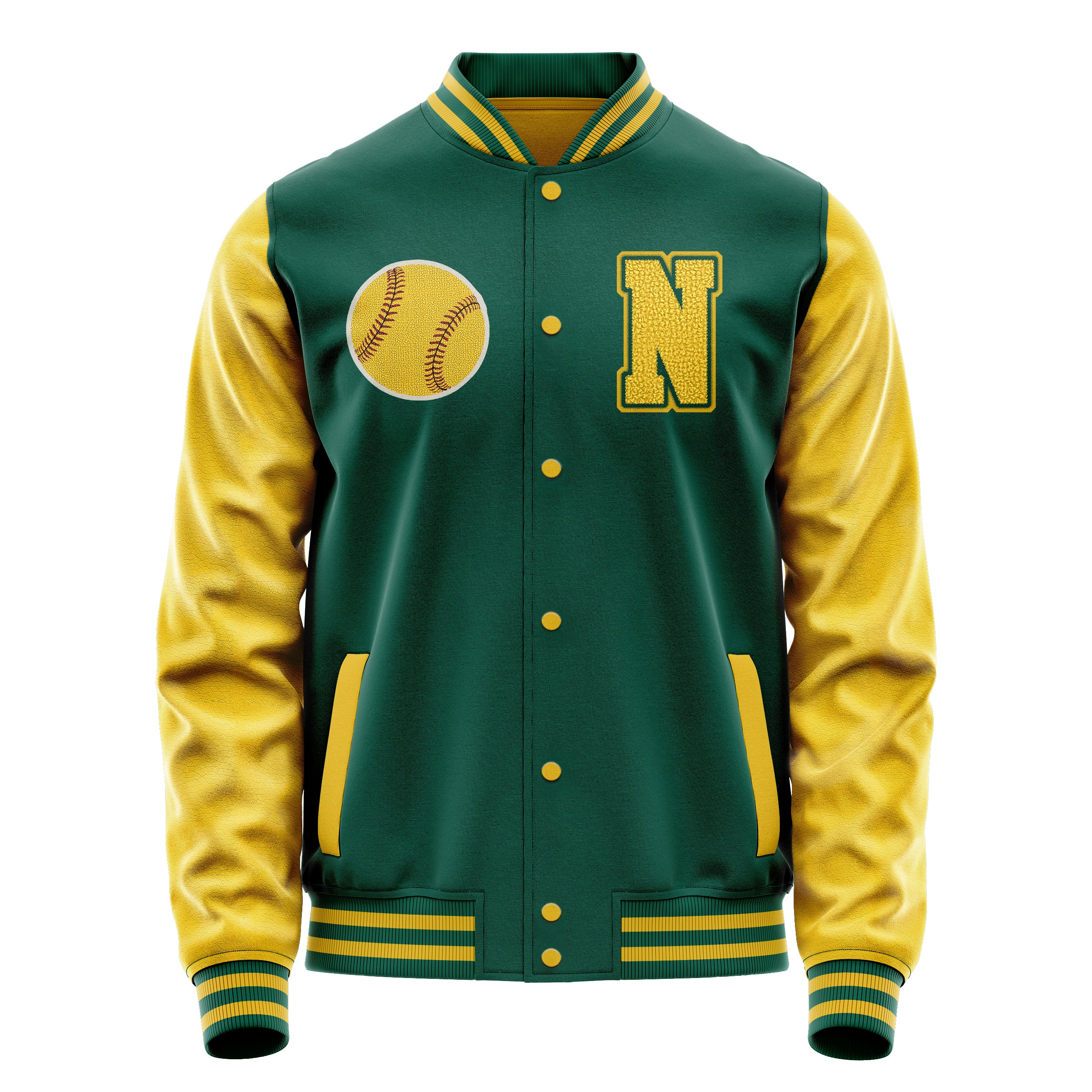 Custom Green Varsity Jacket Patches Egg Yellow Leather Sleeves - Baseball