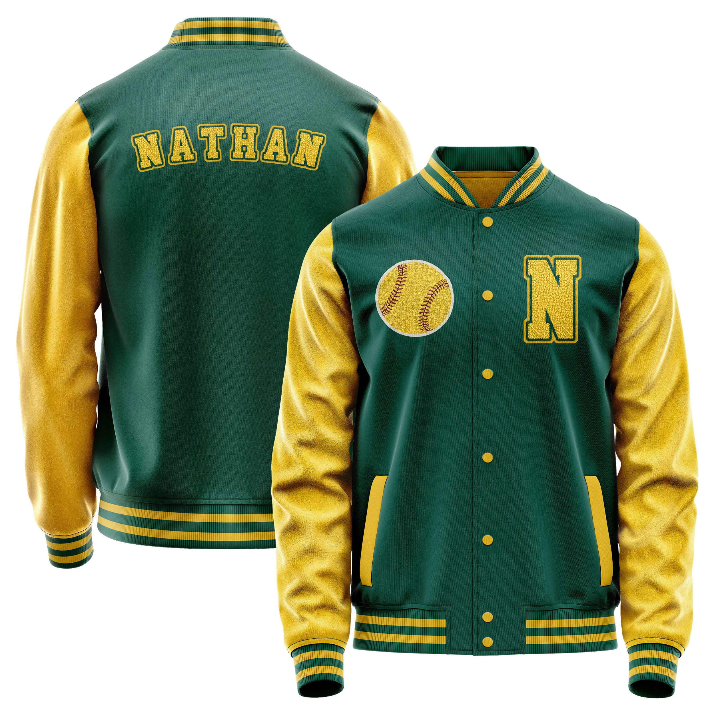 Custom Green Varsity Jacket Patches Egg Yellow Leather Sleeves - Baseball