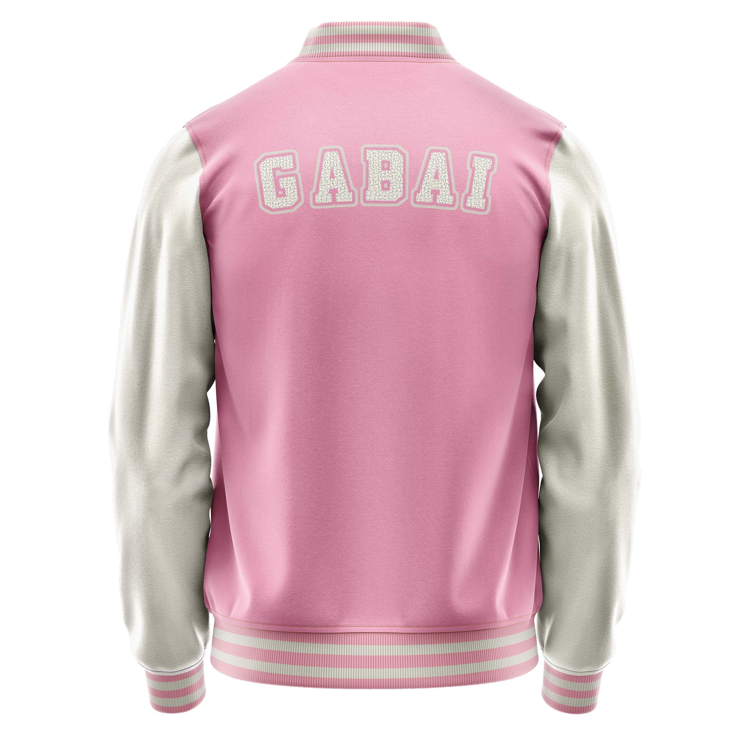 Custom Pink Varsity Jacket Patches Beige Leather Sleeves - Baseball