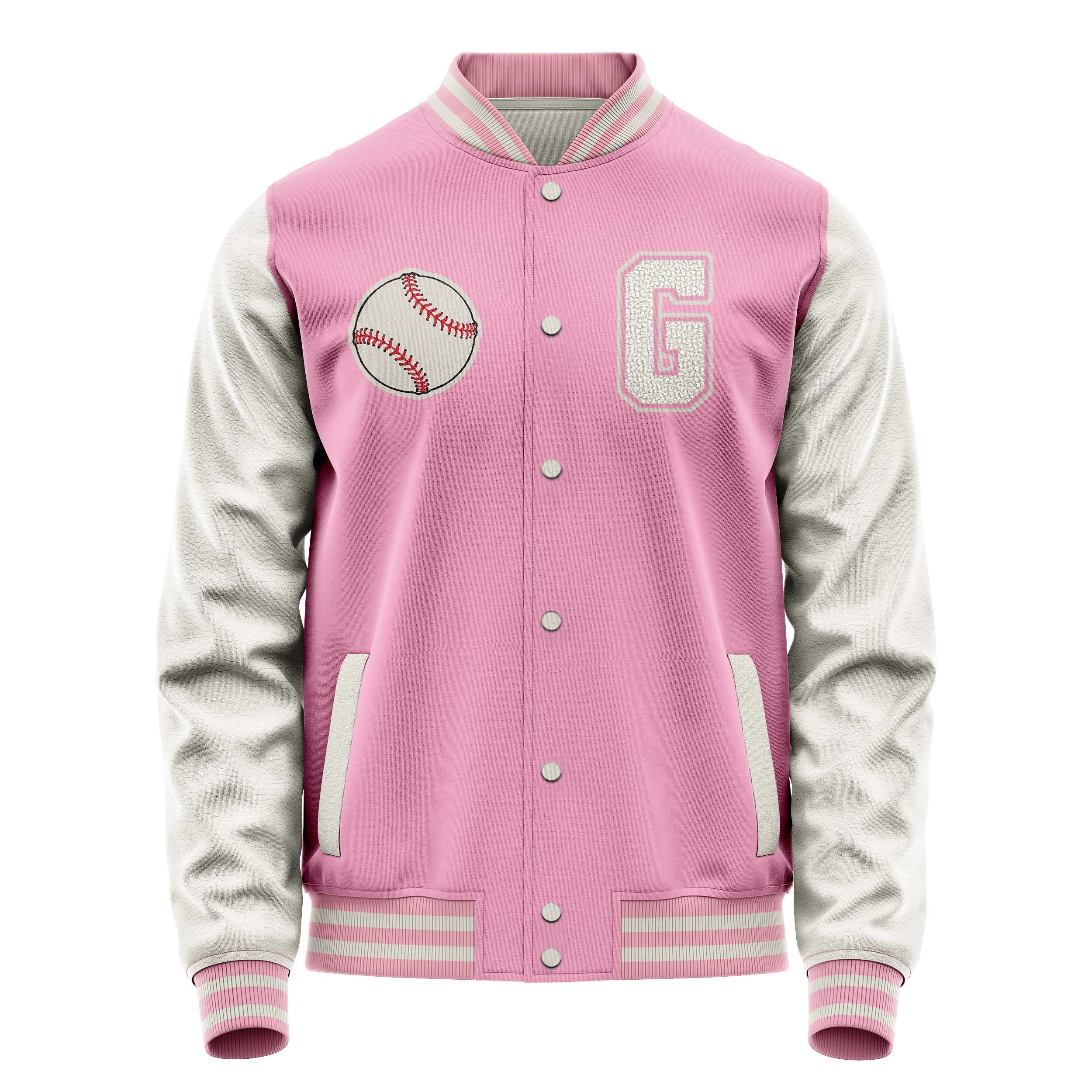 Custom Pink Varsity Jacket Patches Beige Leather Sleeves - Baseball