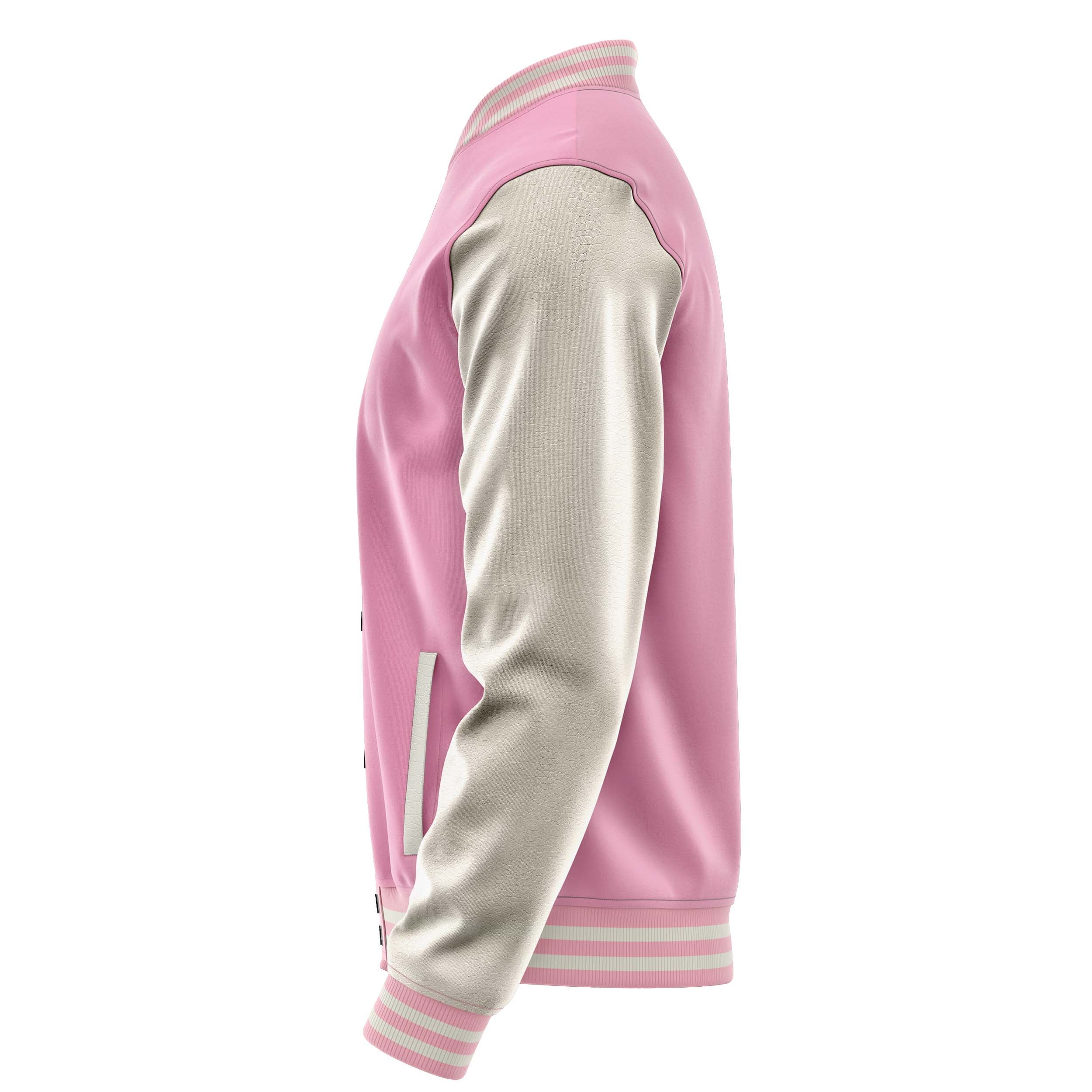 Custom Pink Varsity Jacket Patches Beige Leather Sleeves - Baseball