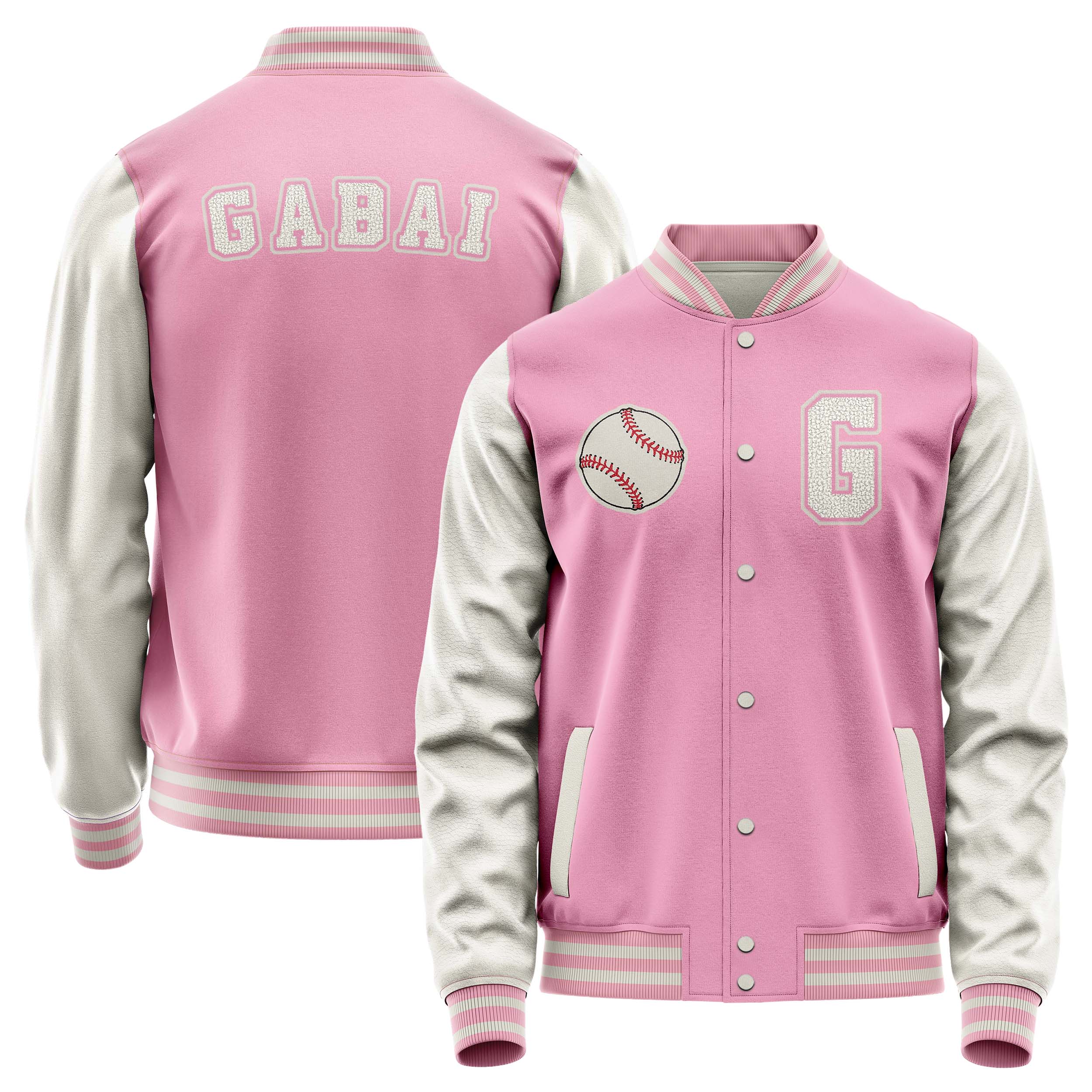 Custom Pink Varsity Jacket Patches Beige Leather Sleeves - Baseball