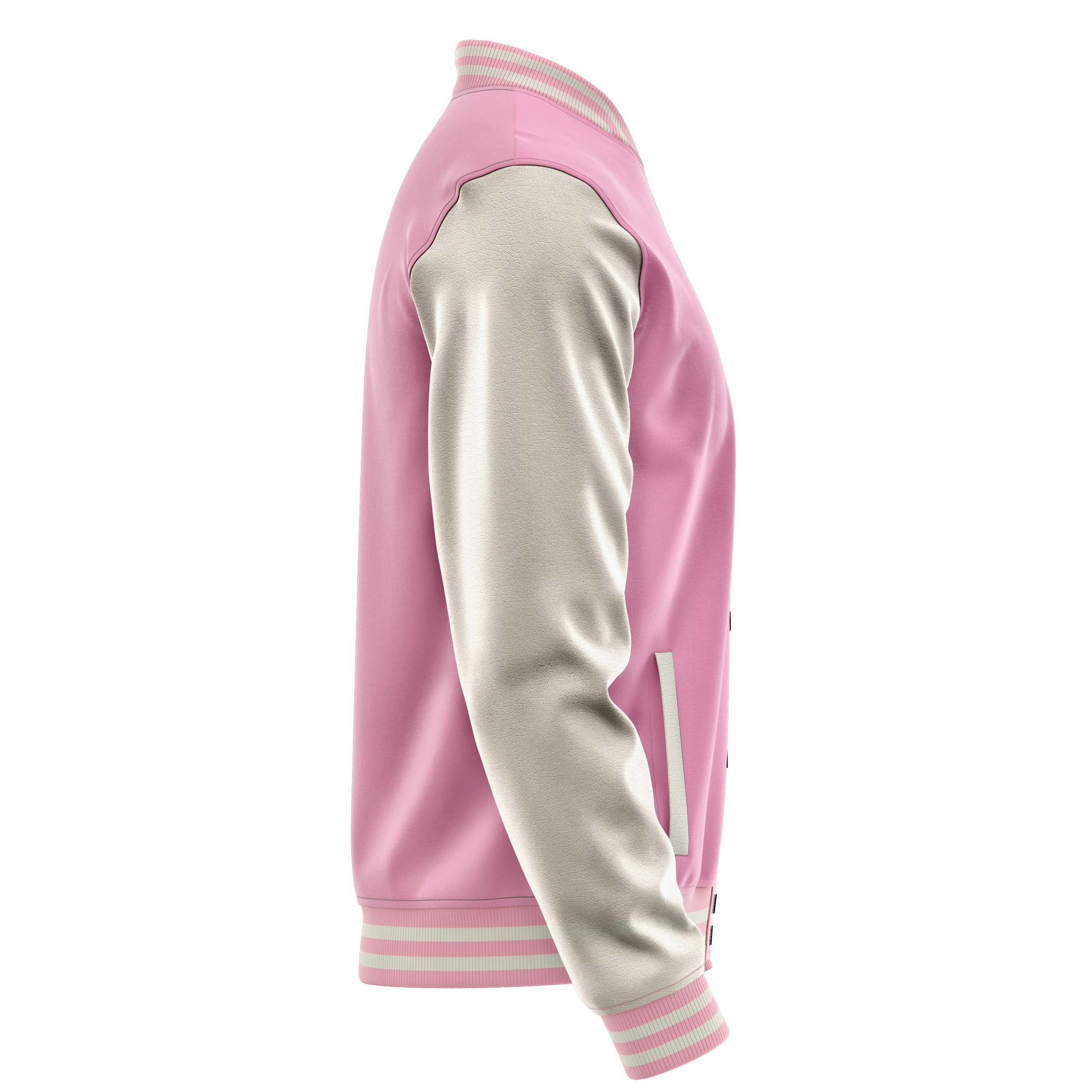 Custom Pink Varsity Jacket Patches Beige Leather Sleeves - Baseball